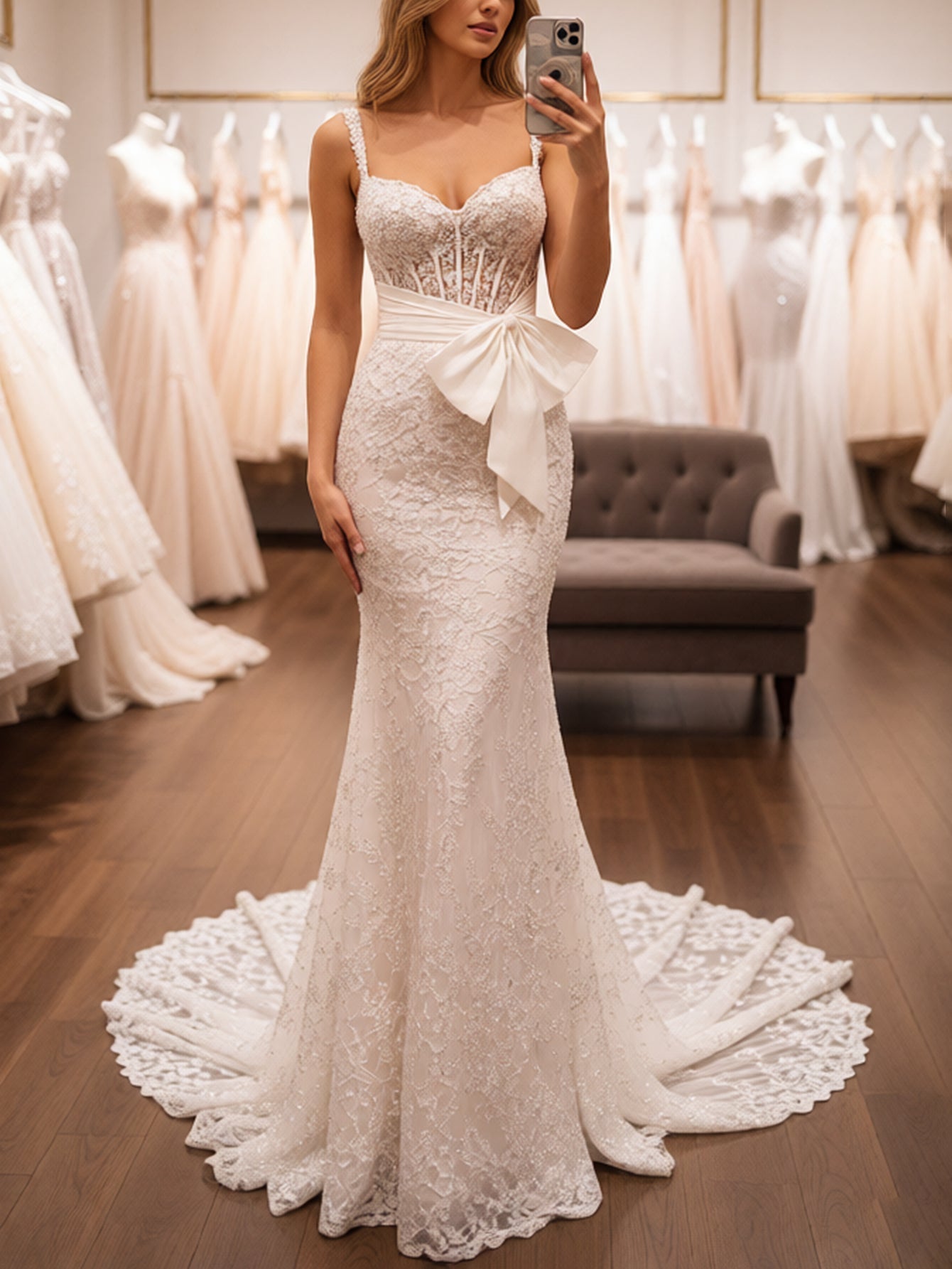 Bow Front Embroidery Illusion Pleated Lace Up Bodice Long Mermaid Prom Dress - White