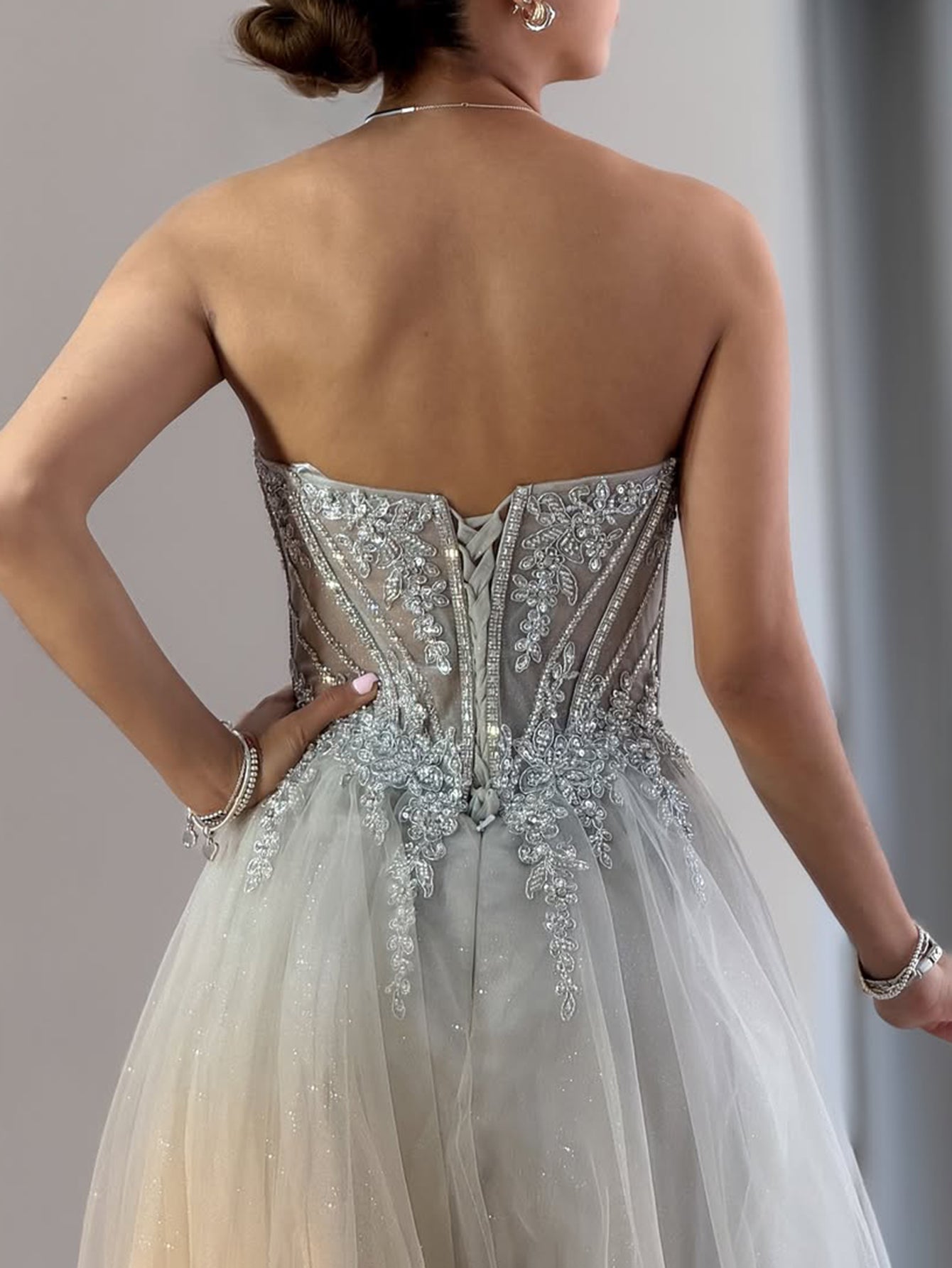 Sparkly Beading Illusion Cut Front Bodice A-Line Long Prom Dress - Silver