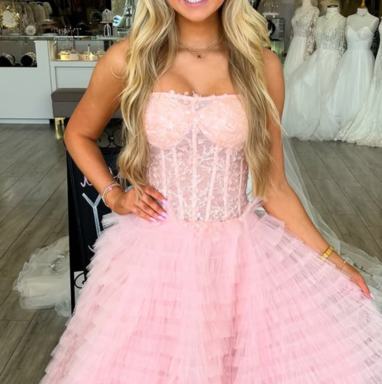Embroidery Illusion Bodice Ball Gown Long Prom Dress - Pink