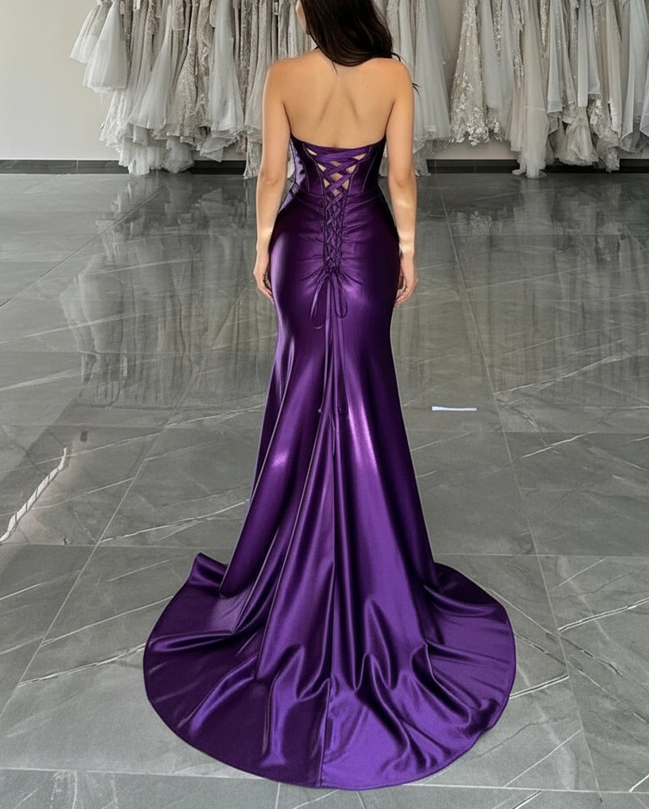 Halter Ruched Lace Up Bodice Mermaid Long Prom Dress - Purple