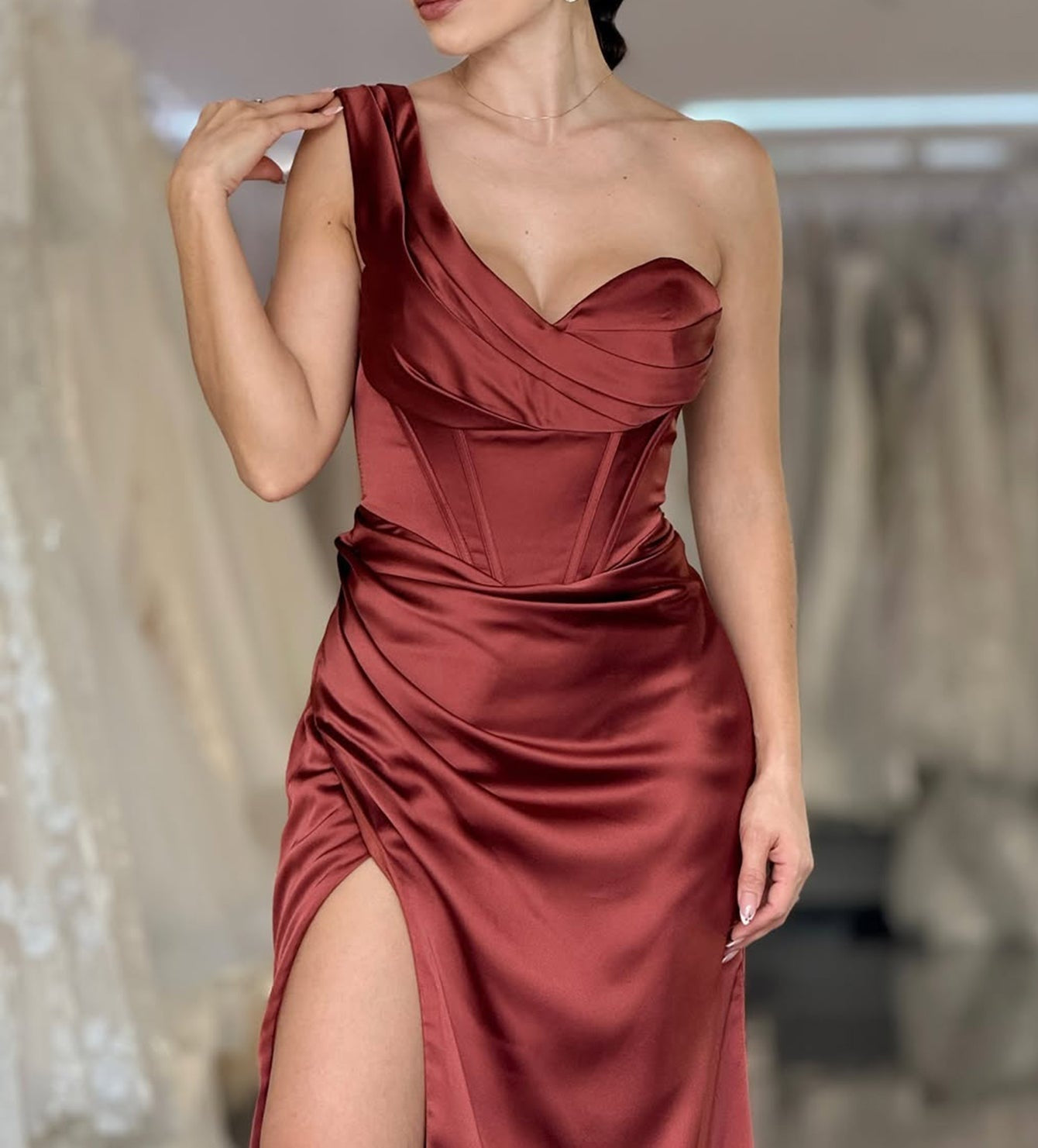 One Shoulder Ruched Bodice Long Mermaid Prom Dress With Slit - Rust
