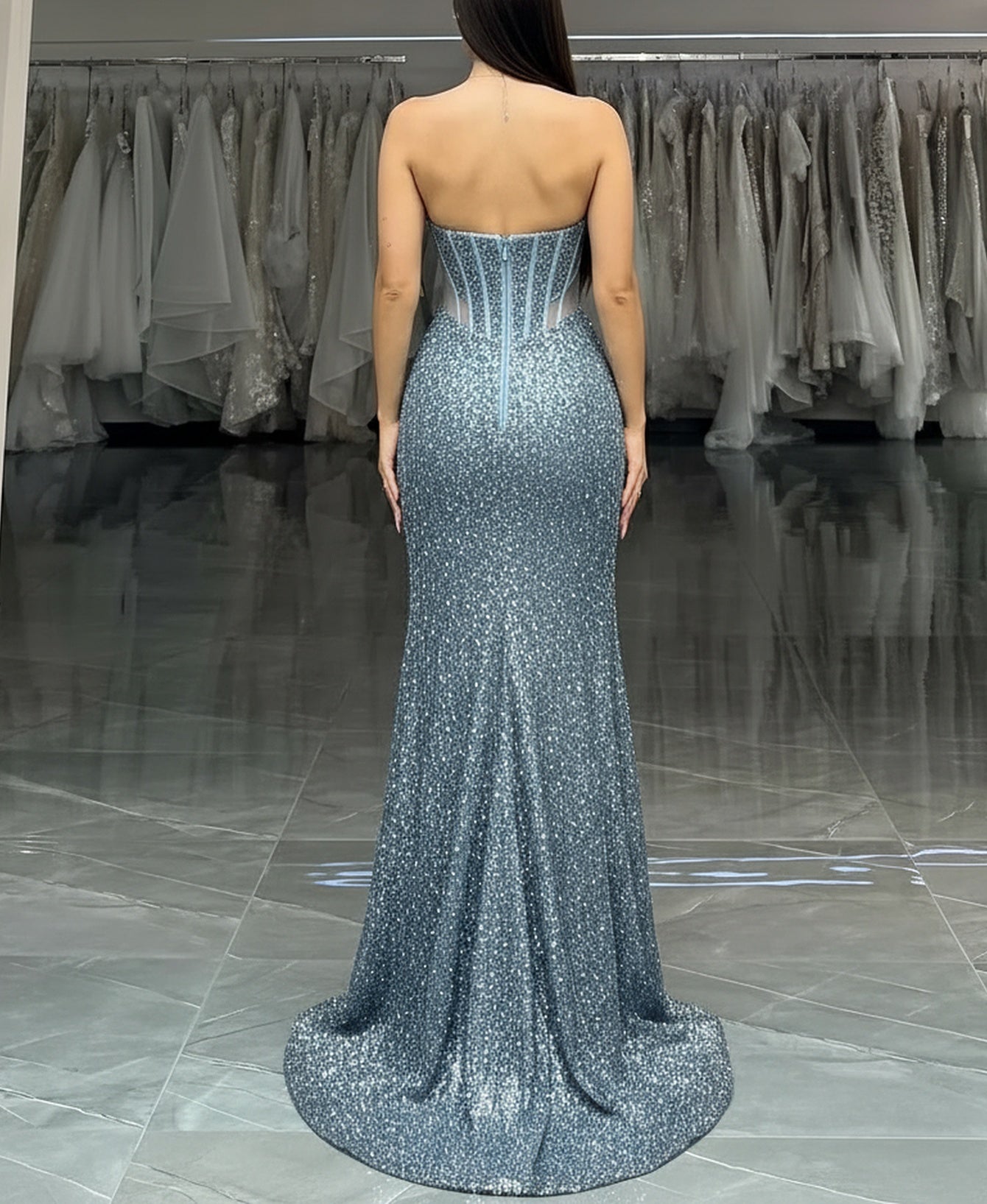 Strapless Sparkly Beading Illusion Bodice Long Mermaid Prom Dress With Slit - Dusty Blue