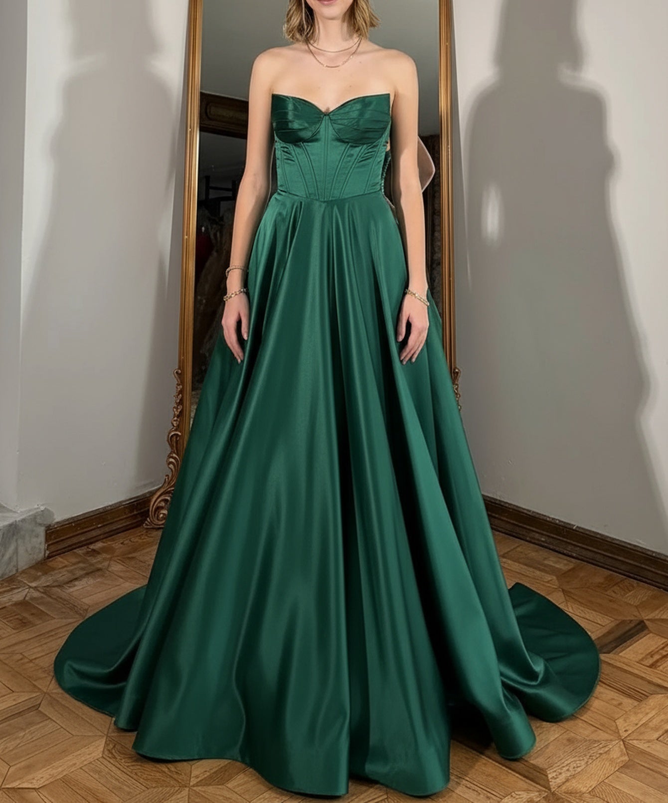 Strapless Ruched Lace Up Ball Gown Bodice Long Prom Dress - Green