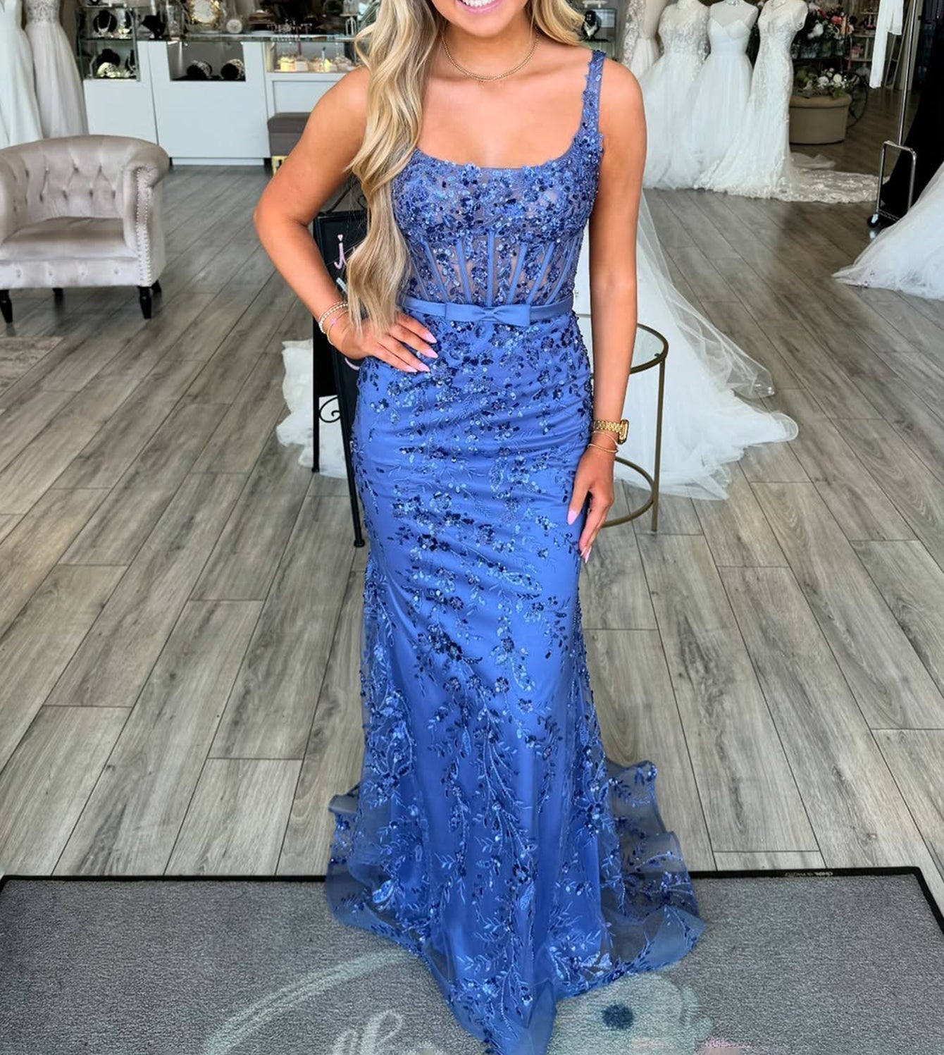 Tank Embroidery Illusion Bow Front Bodice Long Mermaid Prom Dress - Navy Blue