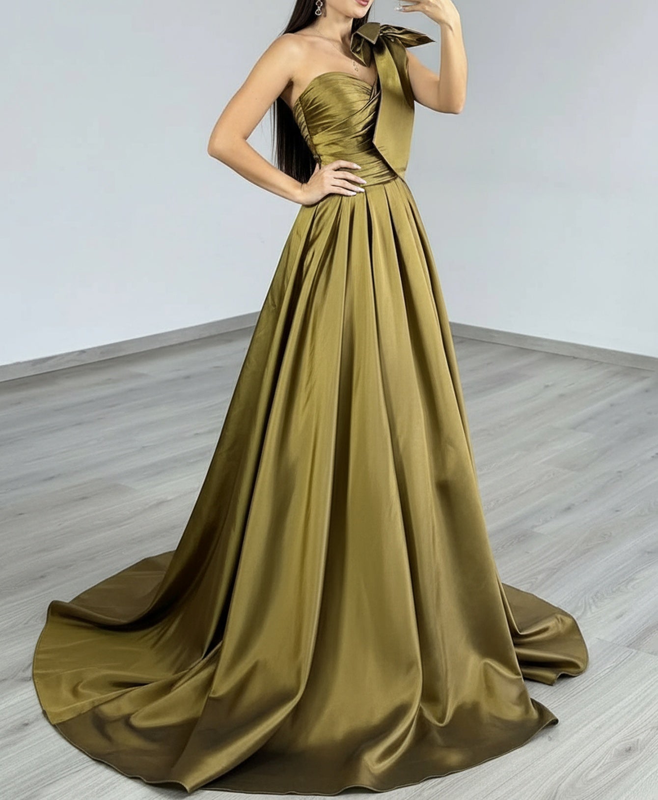 One Shoulder Ruched Big Bow Bodice Ball Gown Prom Dress - Olive Green