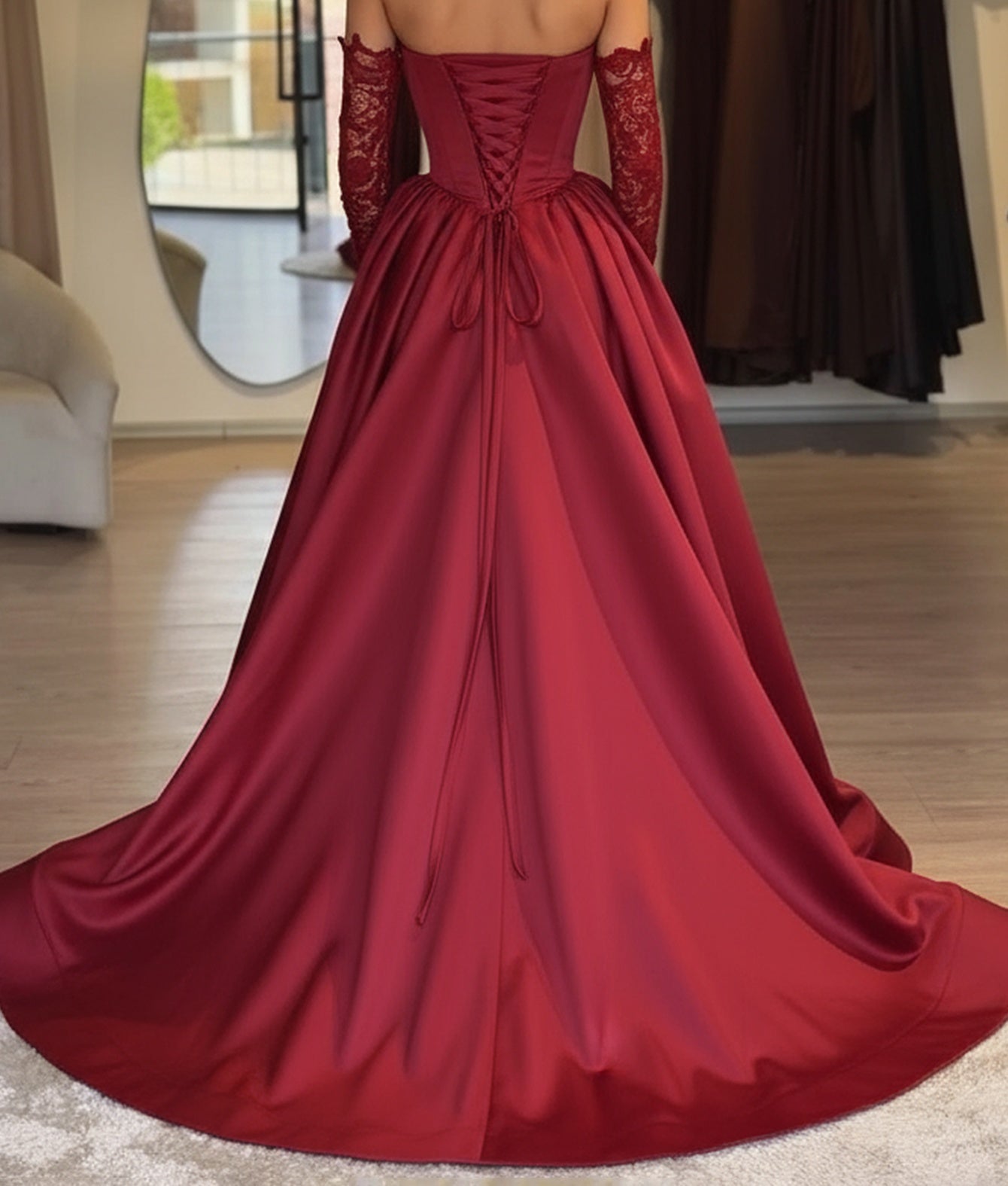 Strapless Lace Up Bodice Ball Gown Prom Dress With Detachable Sleeves - Red
