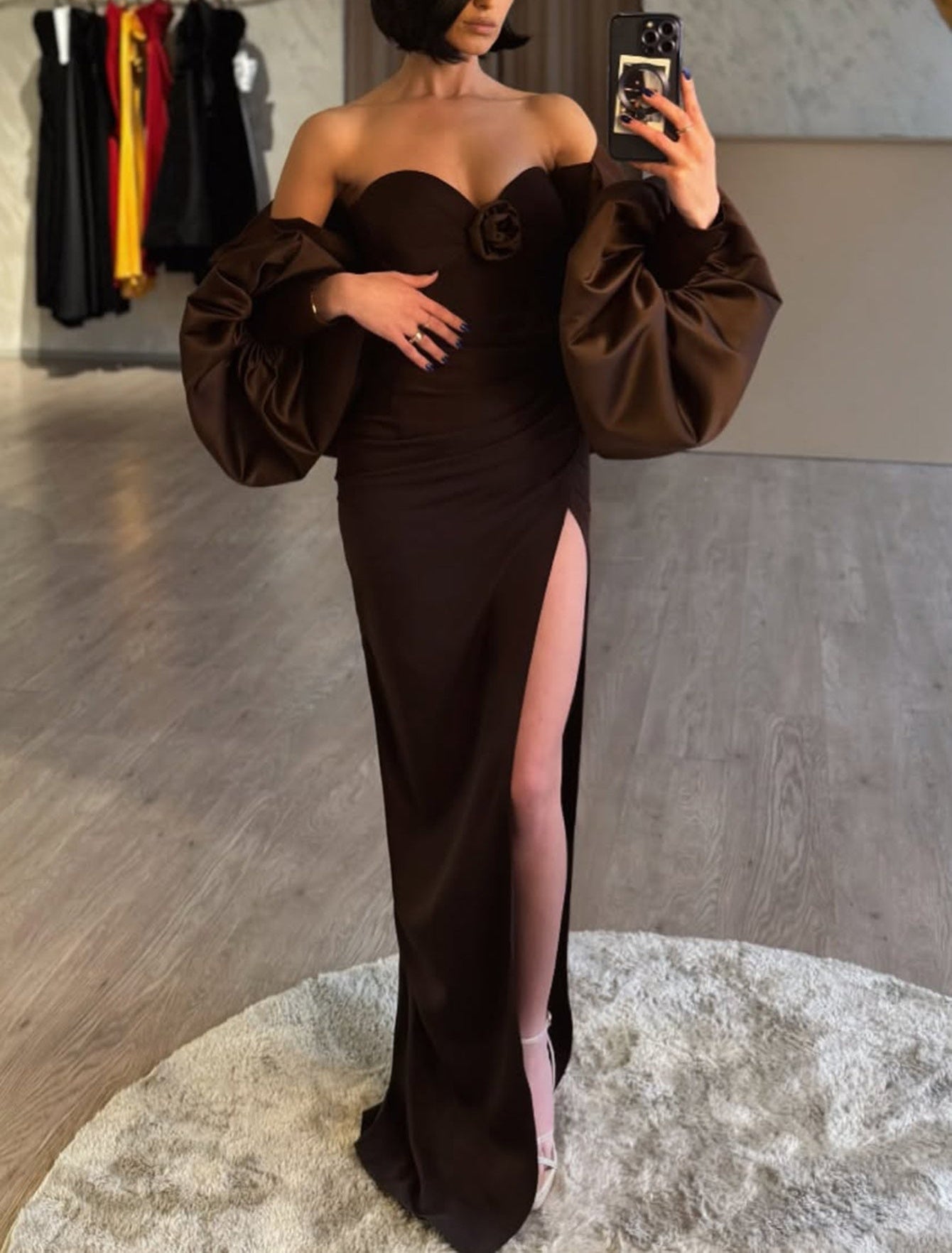 3D Flower Lace Up Sweetheart Bodice Mermaid Prom Dress With Removable Puffy Sleeves - Brown