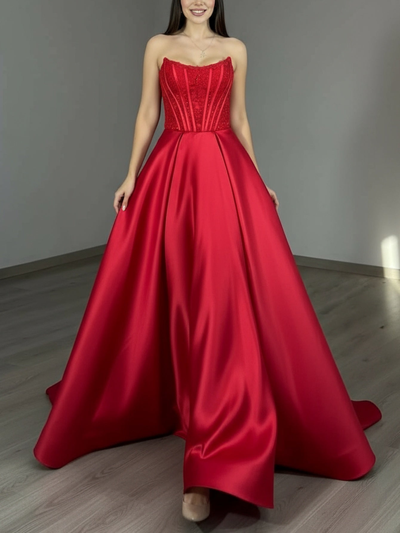Embroidery Strapless Hand Beading Bodice Ball Gown Prom Dress - Red