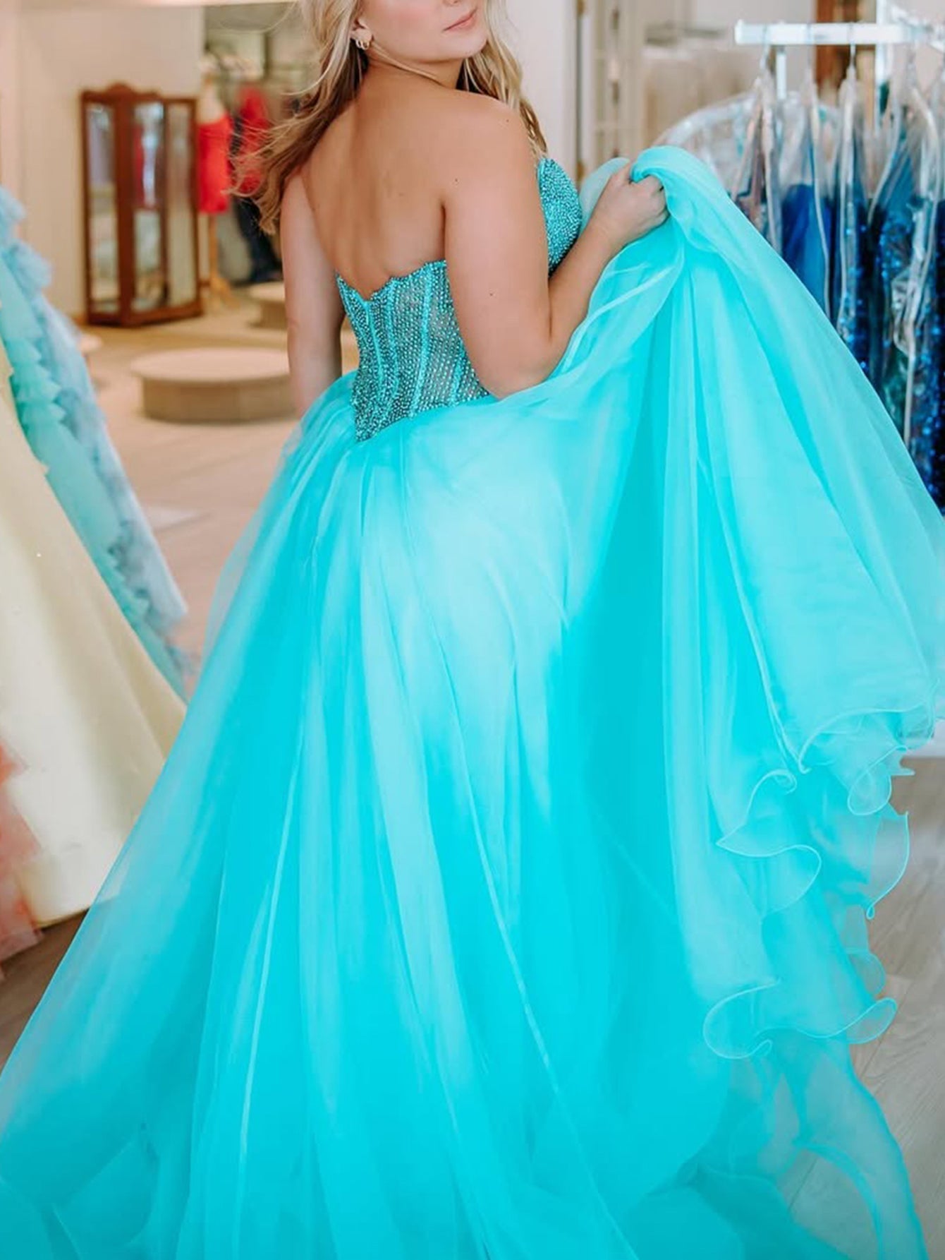 Strapless Hand Beading Bodice Ball Gown Prom Dress With Slit - Blue