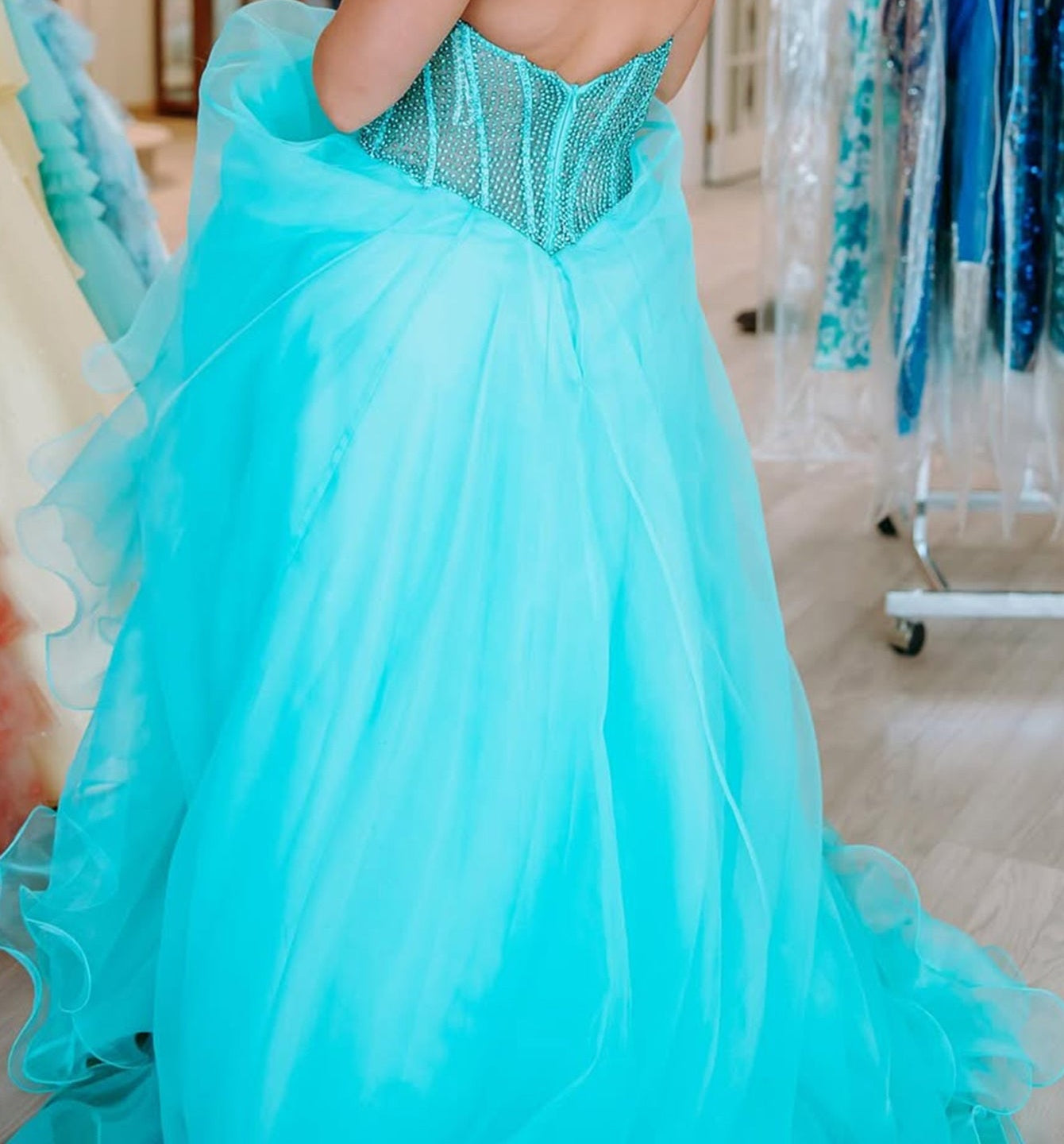 Strapless Hand Beading Bodice Ball Gown Prom Dress With Slit - Blue