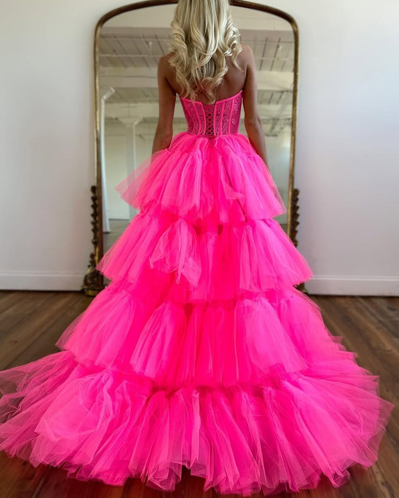 Strapless Lace Up Bodice High-Low Prom Dress With Ruffled Hem - Hot Pink