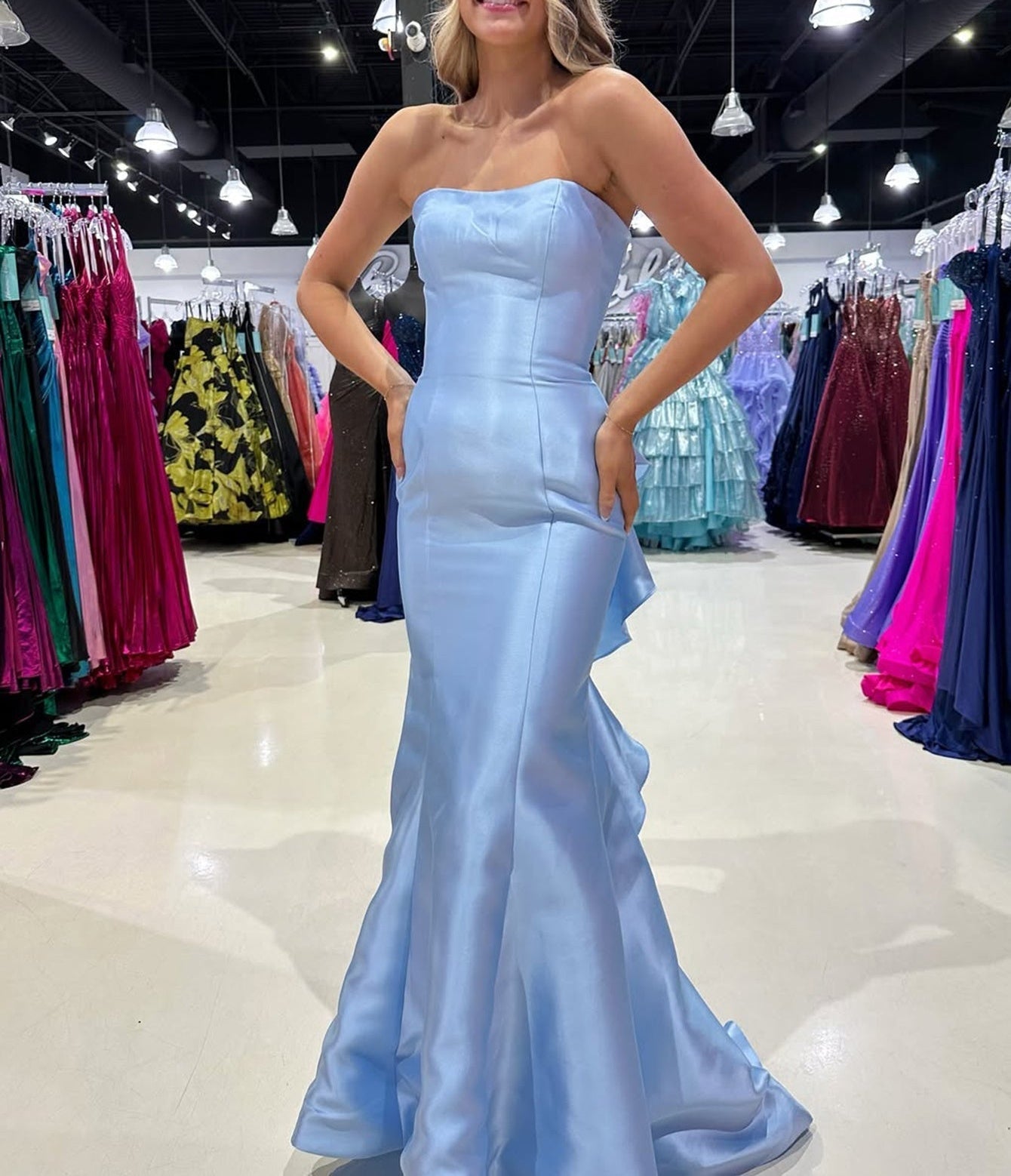 Strapless Layered Ruffle Bodice Long Mermaid Prom Dress - Sky Blue