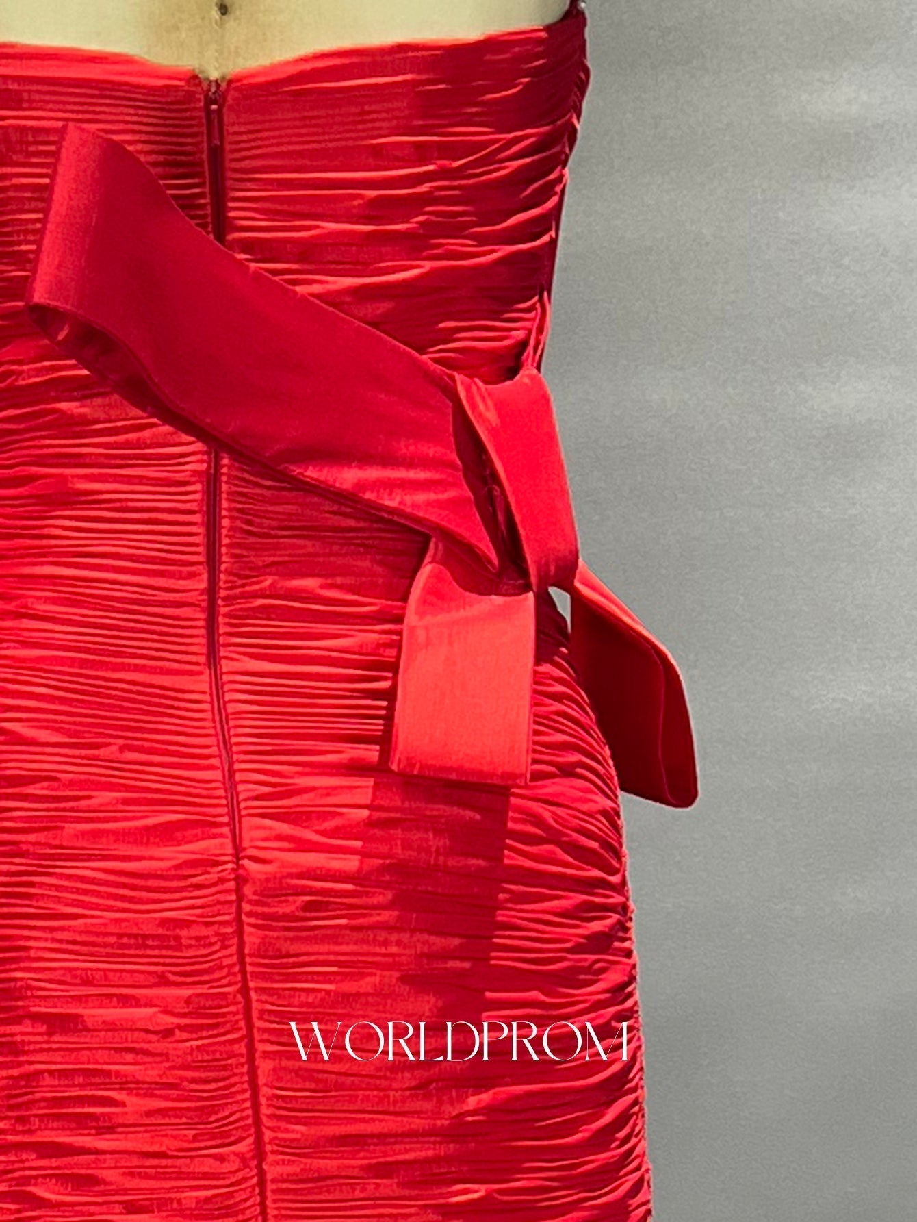 Strapless Ruched Bow Back Bodice Ball Gown Prom Dress - Red