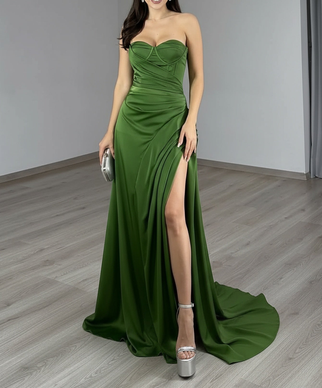 Strapless Ruched Lace Up Bodice Mermaid Prom Dress With Drop - Green
