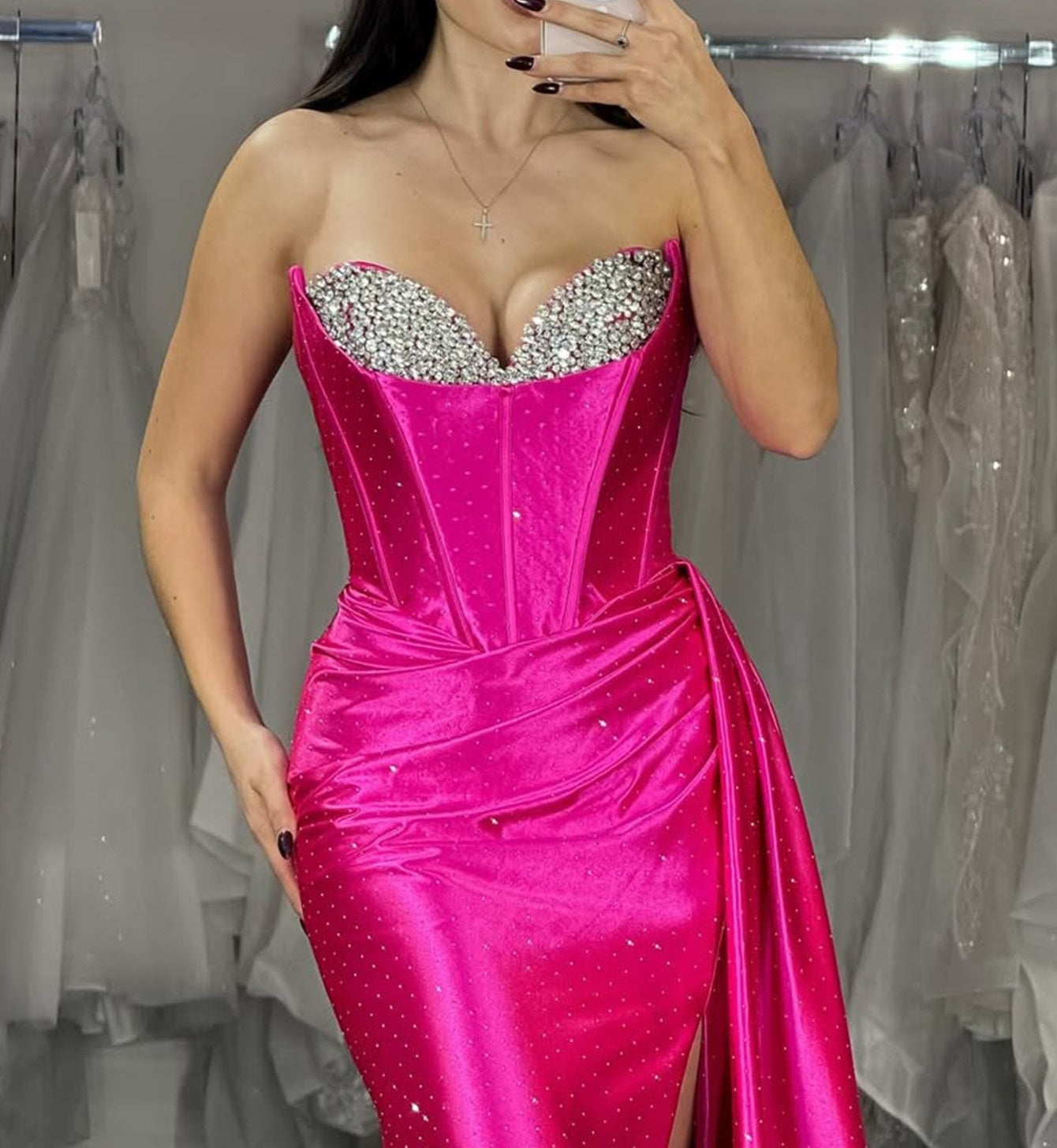 Sparkly Sweetheart Slit Mermaid Long Prom Dress With Drop - Hot Pink