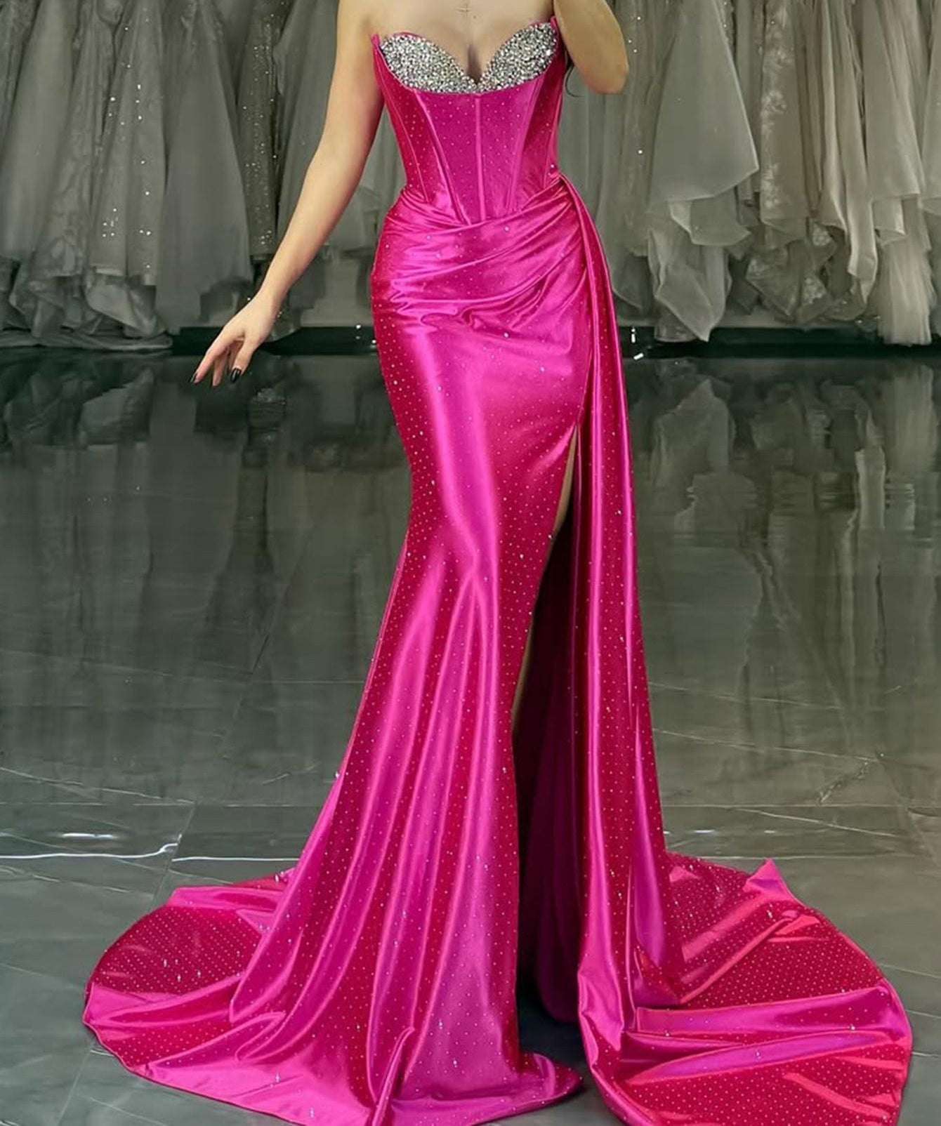 Sparkly Sweetheart Slit Mermaid Long Prom Dress With Drop - Hot Pink