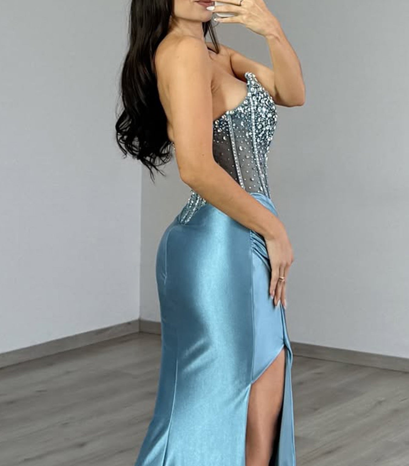 Hand Beading Crystal Illusion Boned Mermaid Prom Dress - Dusty Blue