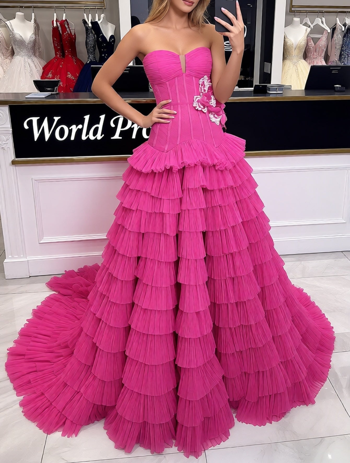 3D Rose Waist Strapless Tiered Ball Gown Evening Dress - Hot Pink