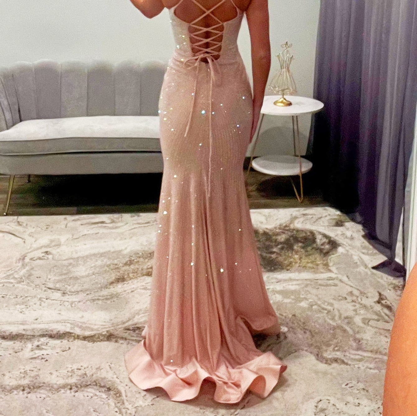 3D Rose Hand Beading Sparkly Lace Bodice Mermaid Prom Dress - Blush Pink