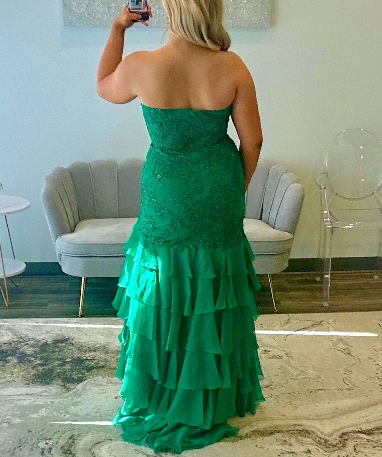 Lace Illusion Ruffle Mermaid Prom Dress - Green