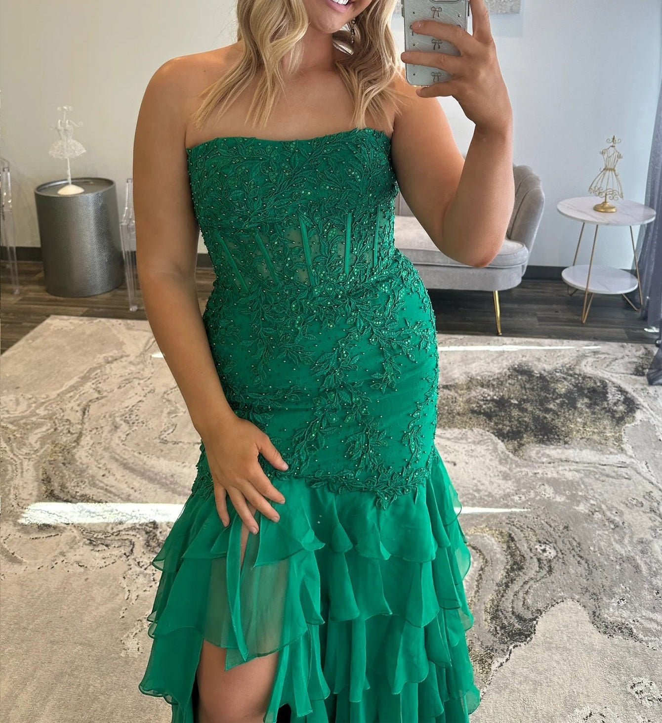 Lace Illusion Ruffle Mermaid Prom Dress - Green