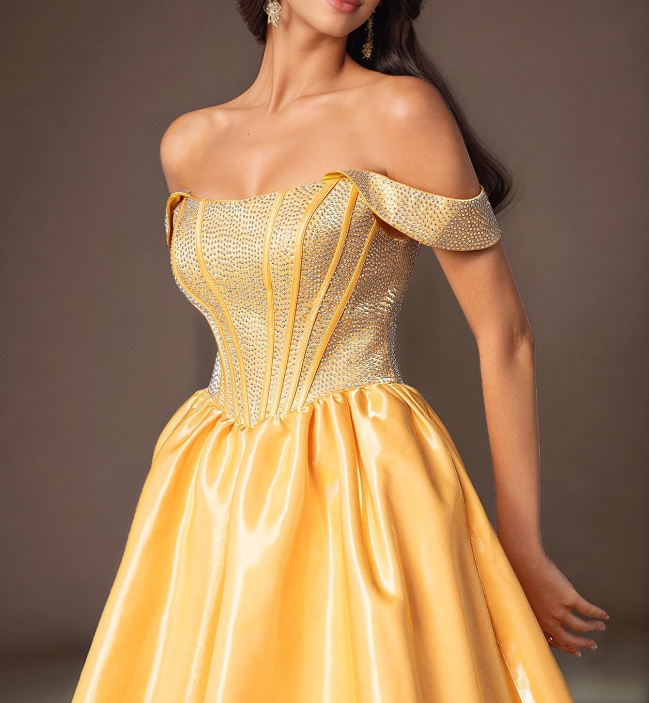 Off Shoulder Crystal Boned Ball Gown Prom Dress - Yellow