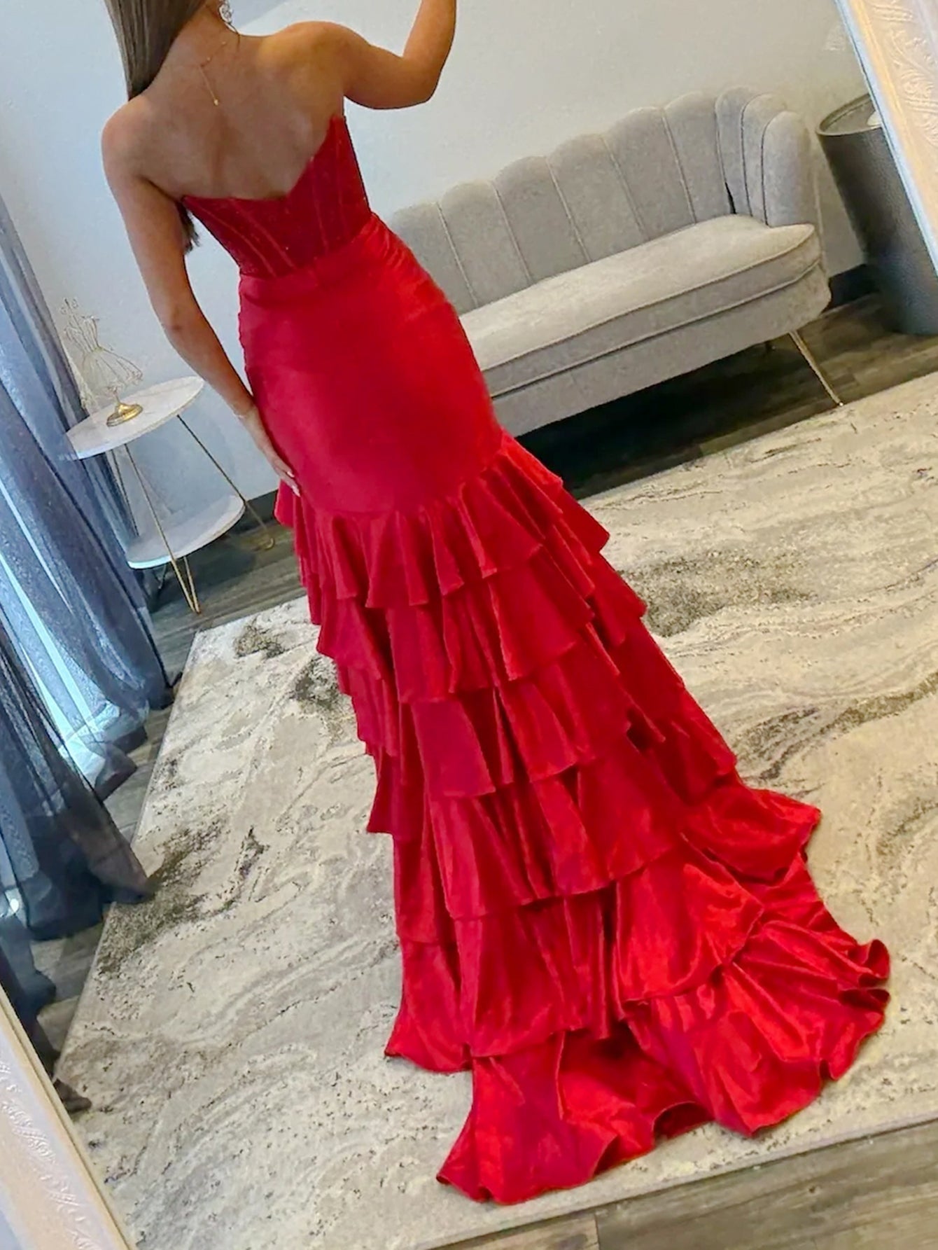 Luxury Crystal Ruffle Mermaid Prom Dress - Red