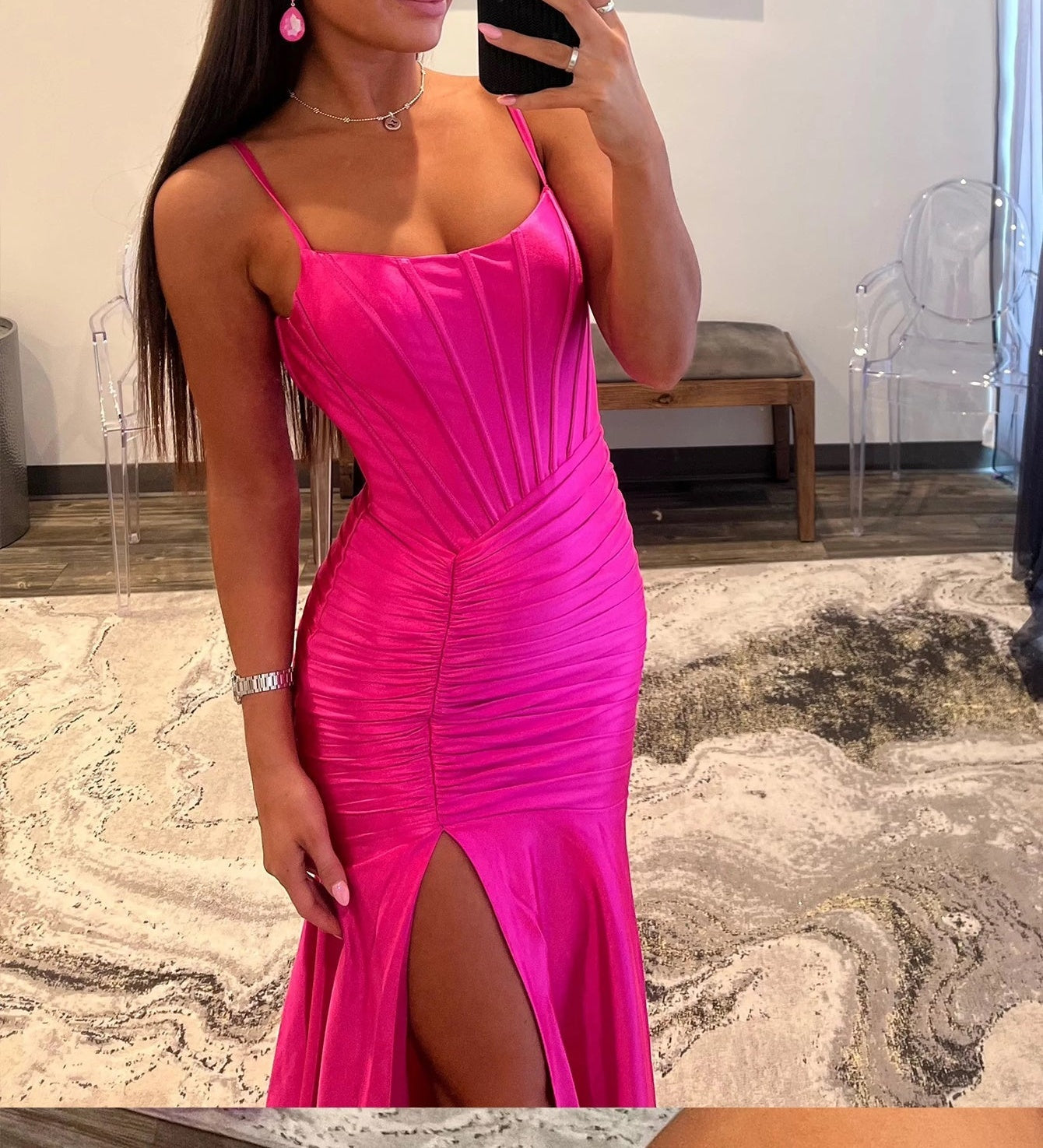 Scoop Boned Mermaid Prom Dress With Slit - Hot Pink