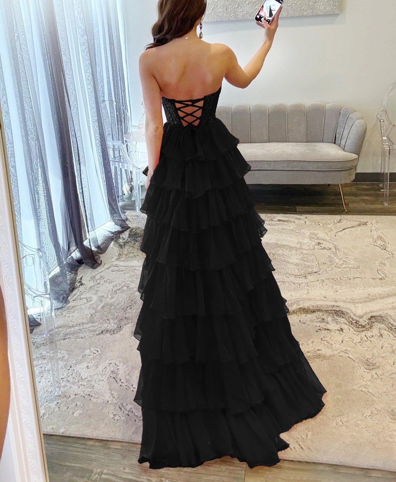 Layered Luxury Crystal Boned Bodice Ball Gown Prom Dress - Black
