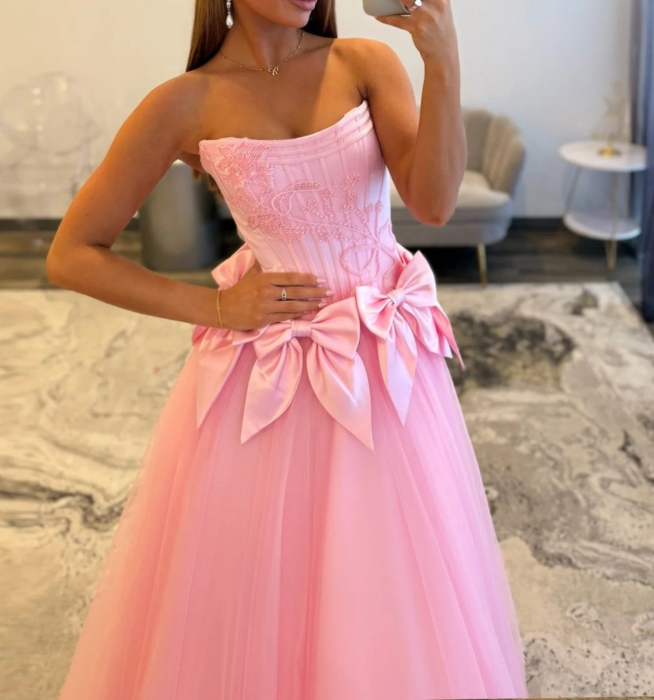 Strapless Bows Boned Ball Gown Prom Dress - Pink