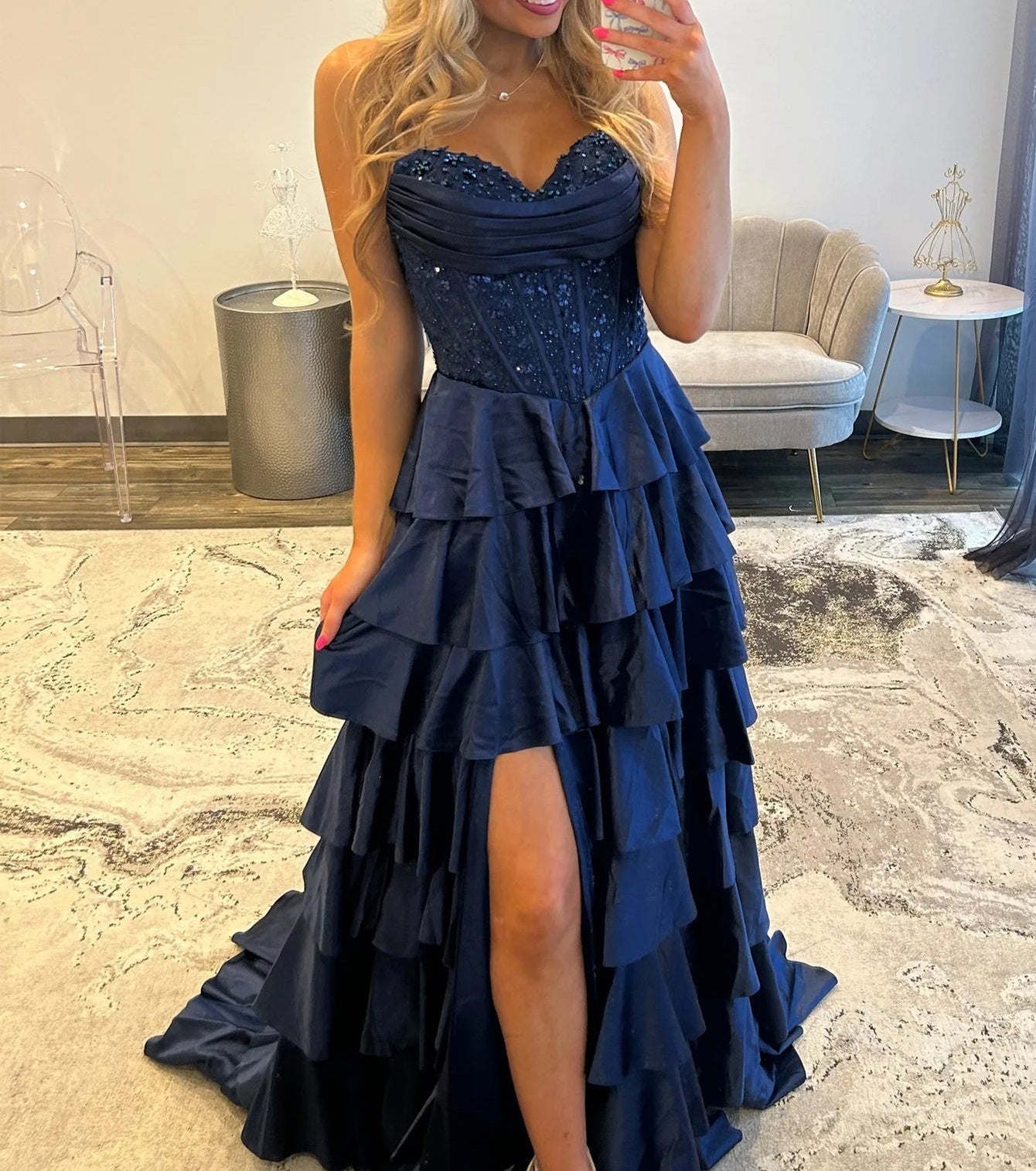 Lace Embroidery Boned Layered Ball Gown Prom Dress - Dark Blue