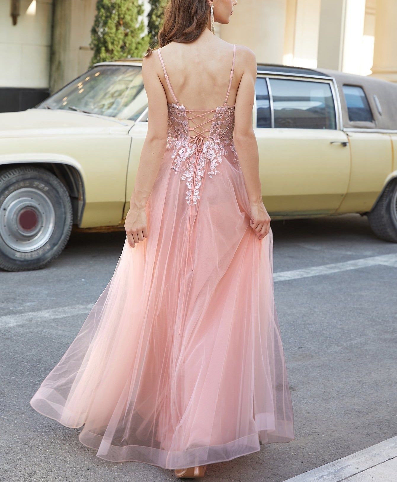 Square Lace Embroidery Ball Gown Prom Dress - Blush Pink