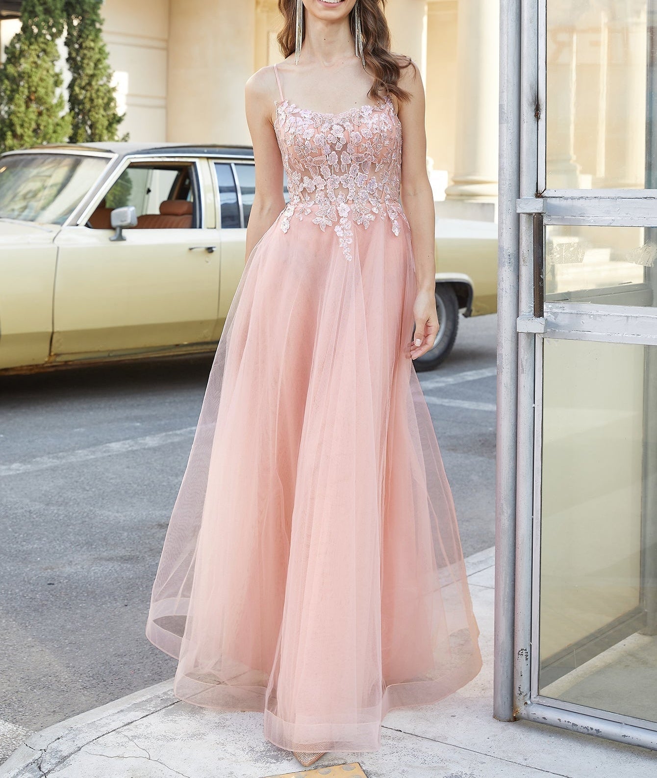 Square Lace Embroidery Ball Gown Prom Dress - Blush Pink
