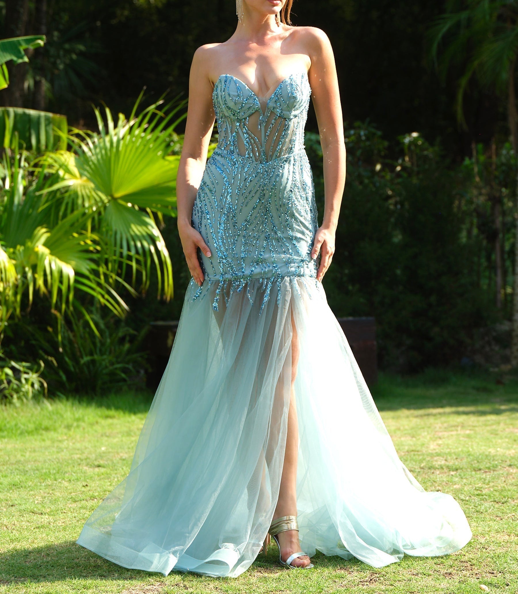 Sparkly Sequin Evening Dress with Lace Up Back - Blue
