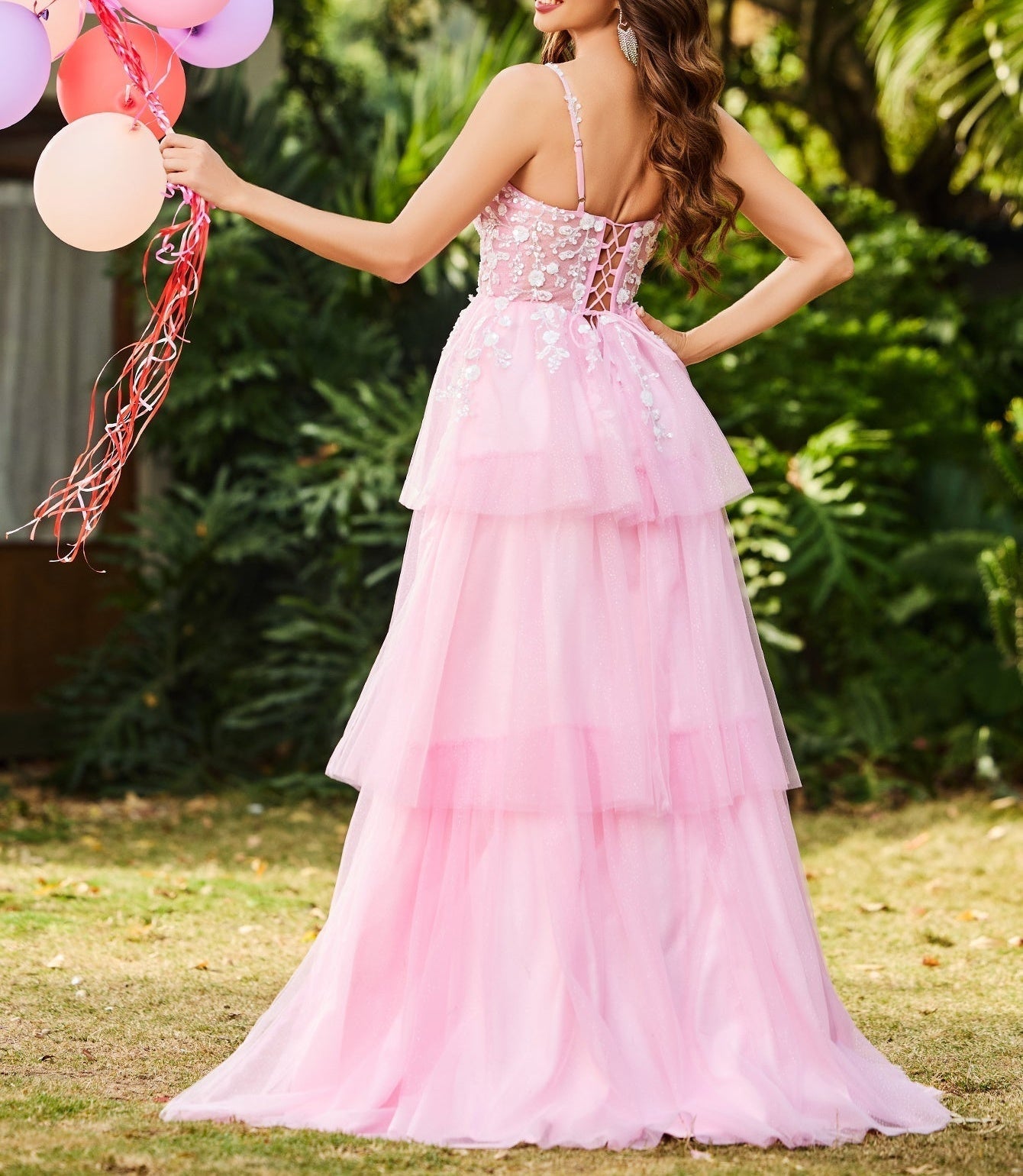 3D Floral Embroidery Illusion Bandage Ruffle Prom Dress - Pink