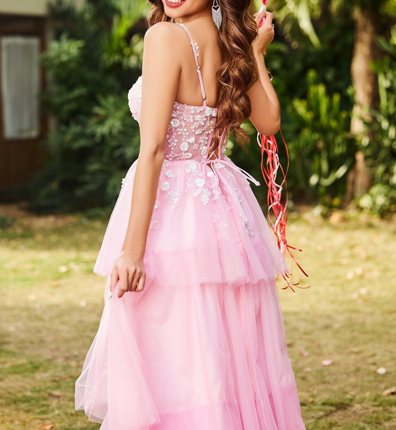 3D Floral Embroidery Illusion Bandage Ruffle Prom Dress - Pink