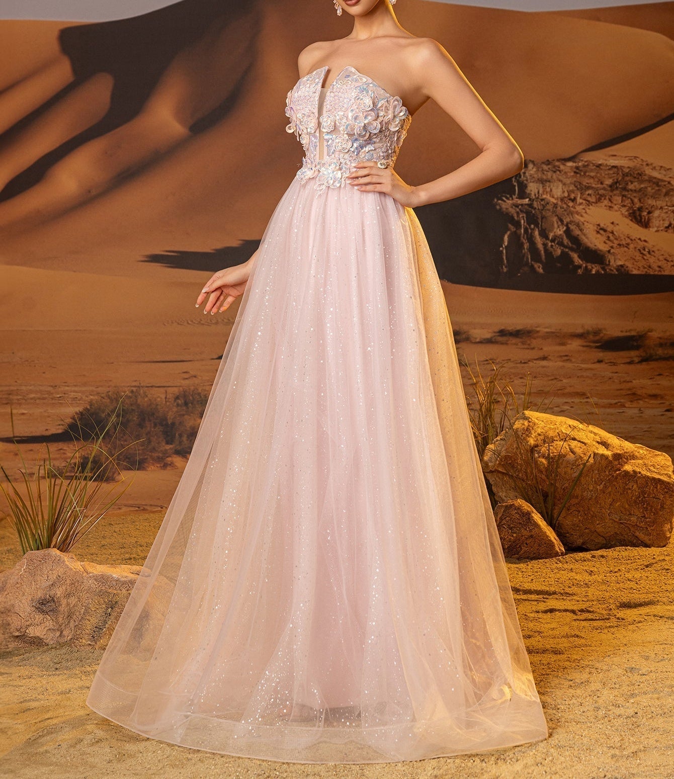 3D Rose Embroidery Sparkly Lace Plunging Ball Gown Prom Dress - Light Pink