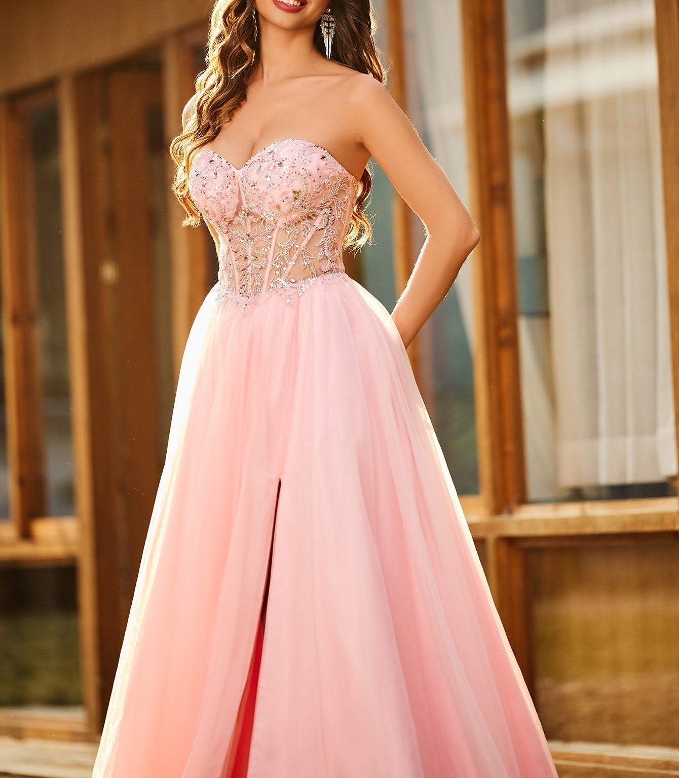 Luxury Sparkly Beads Strapless Lace Ball Gown Prom Dress - Light Pink