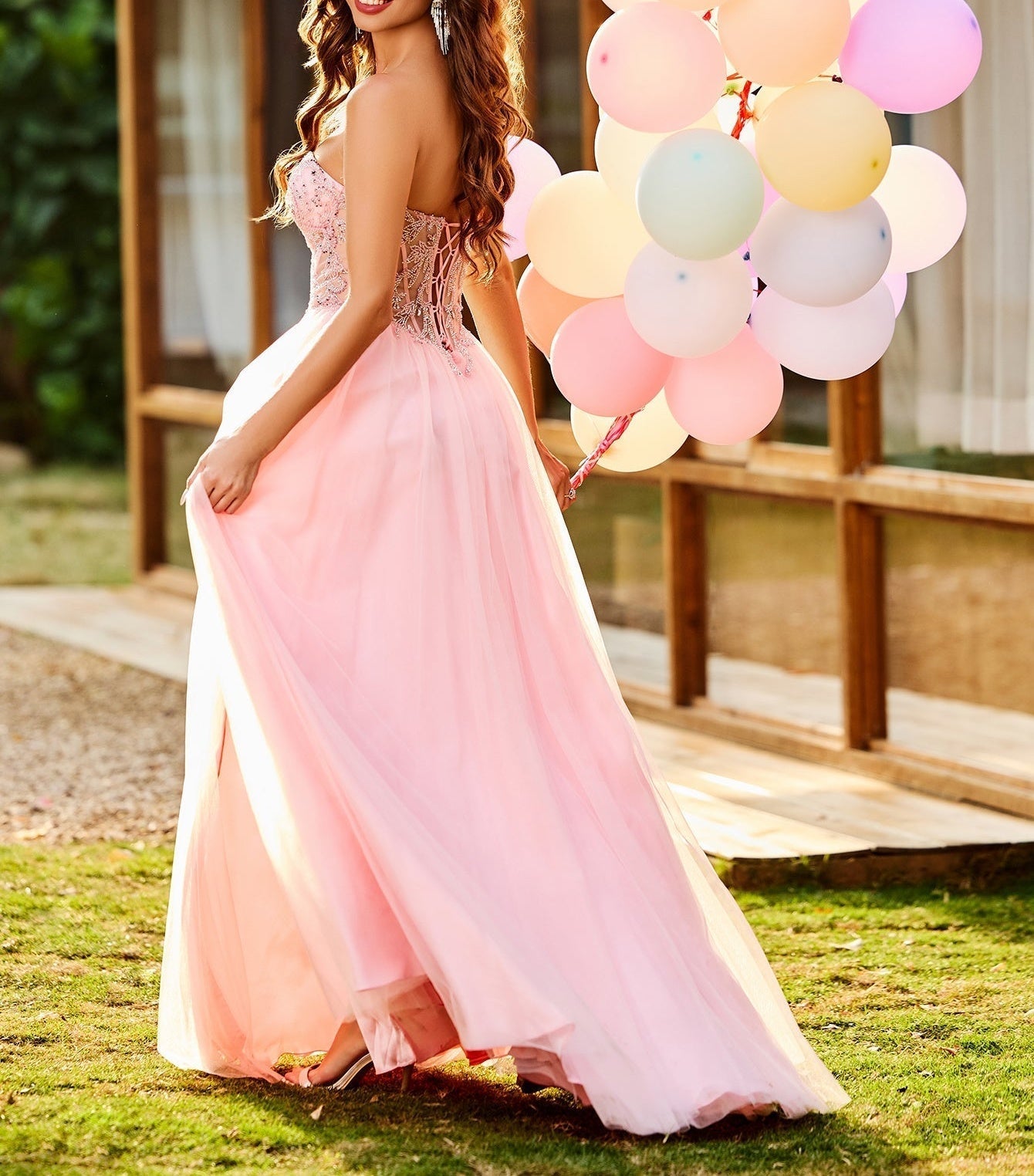 Luxury Sparkly Beads Strapless Lace Ball Gown Prom Dress - Light Pink