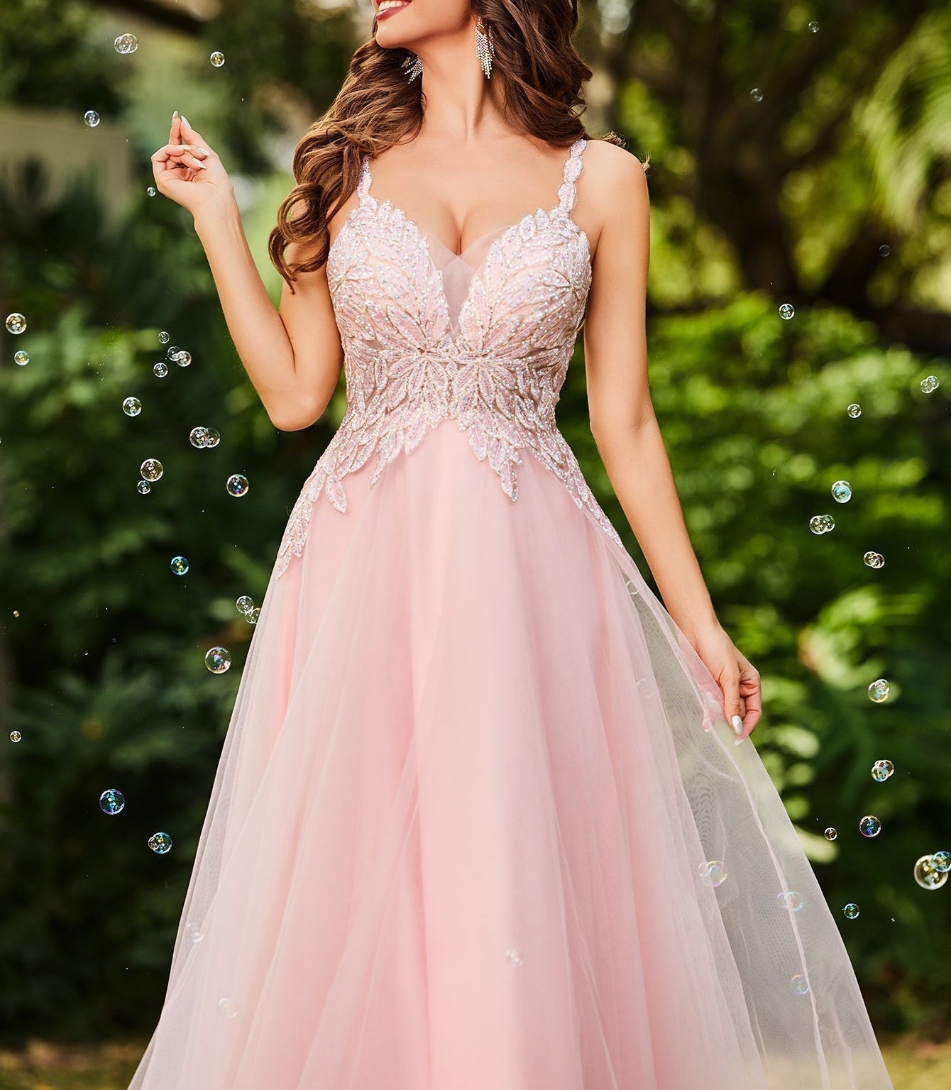 Pretty Hot Fix Sparkly Crystal Embroidery Ball Gown Prom Dress - Pink