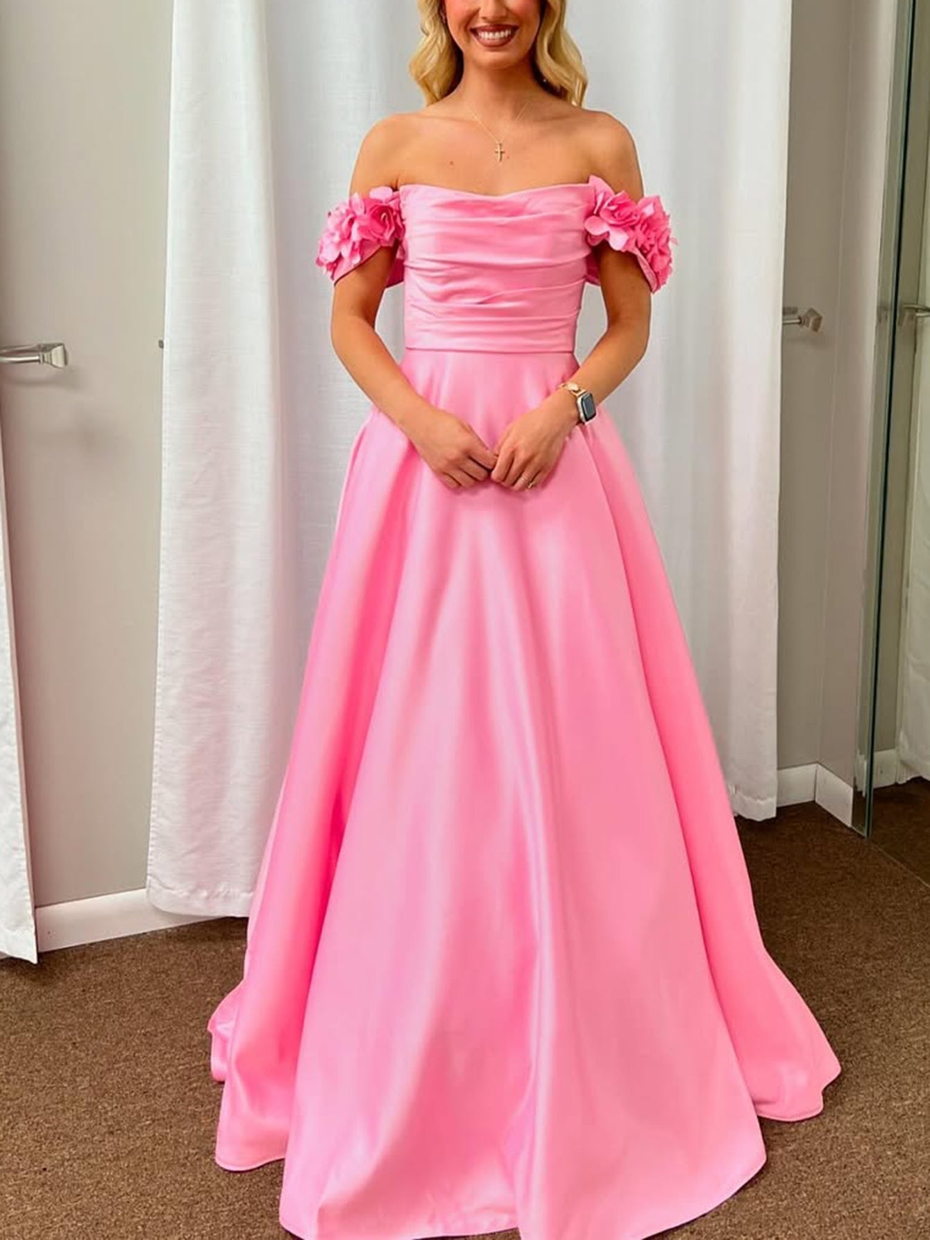 3D Rose Off Shoulder Ball Gown Prom Dress - Blush Pink