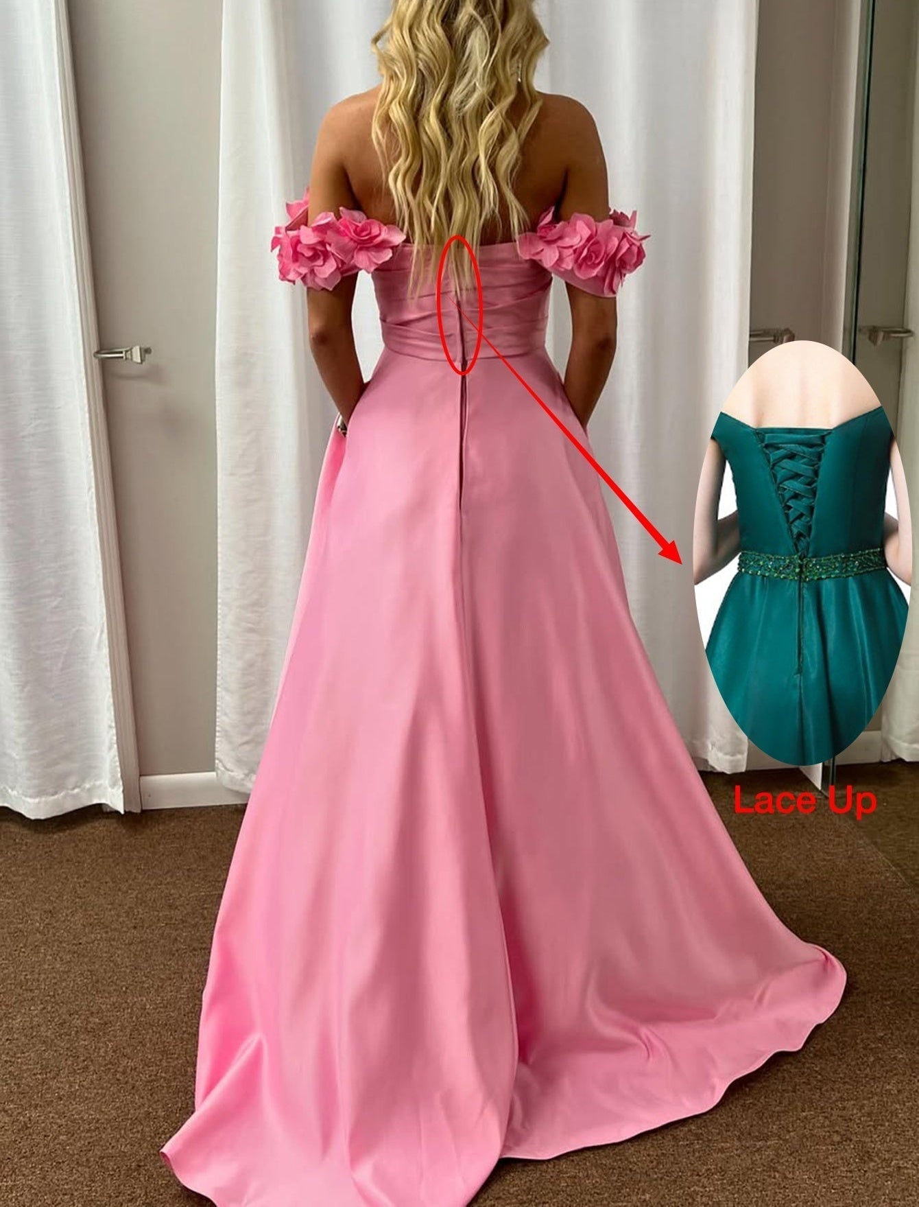 3D Rose Off Shoulder Ball Gown Prom Dress - Blush Pink