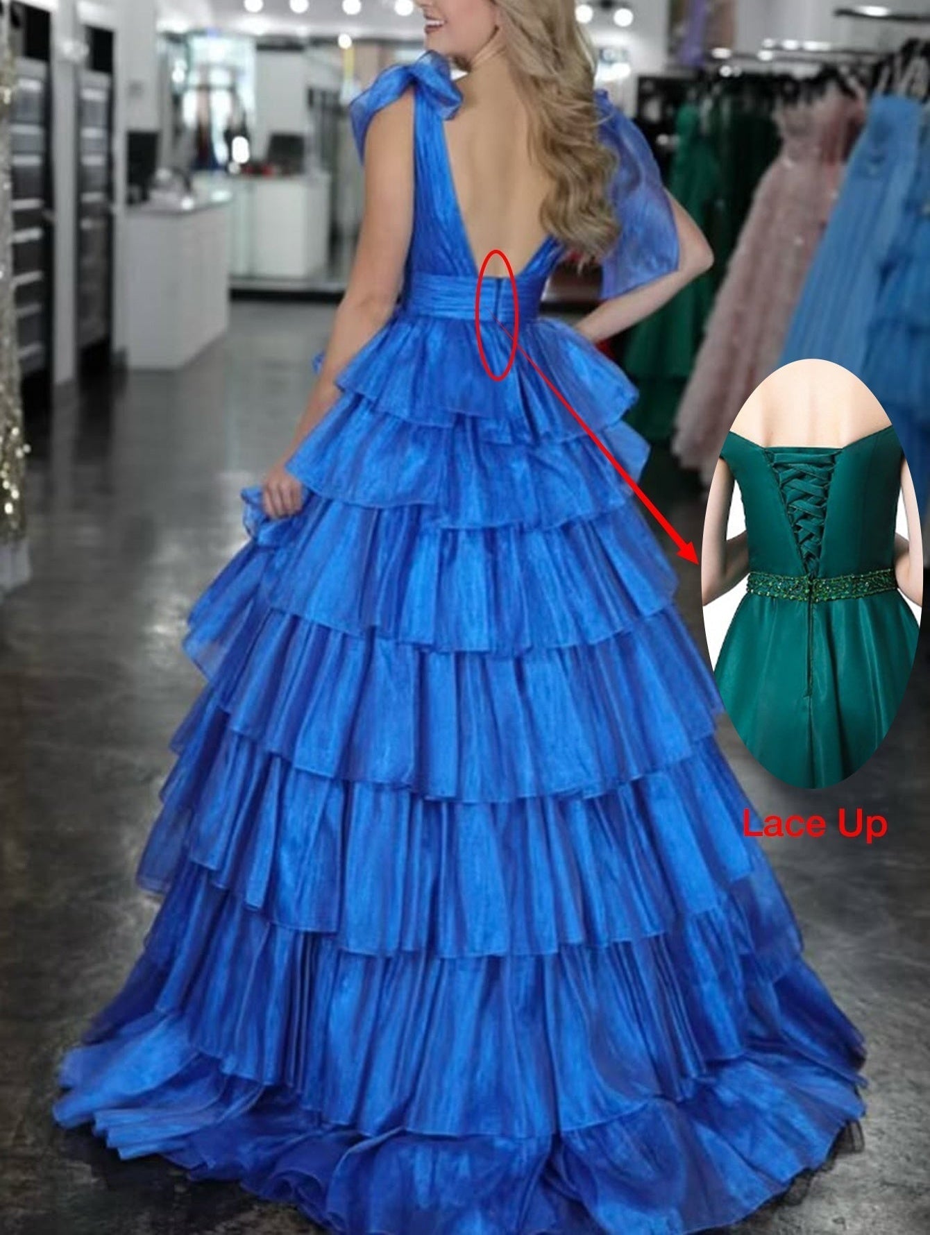 Deep V Neck Backless Ball Gown Prom Dress With Bow - Blue