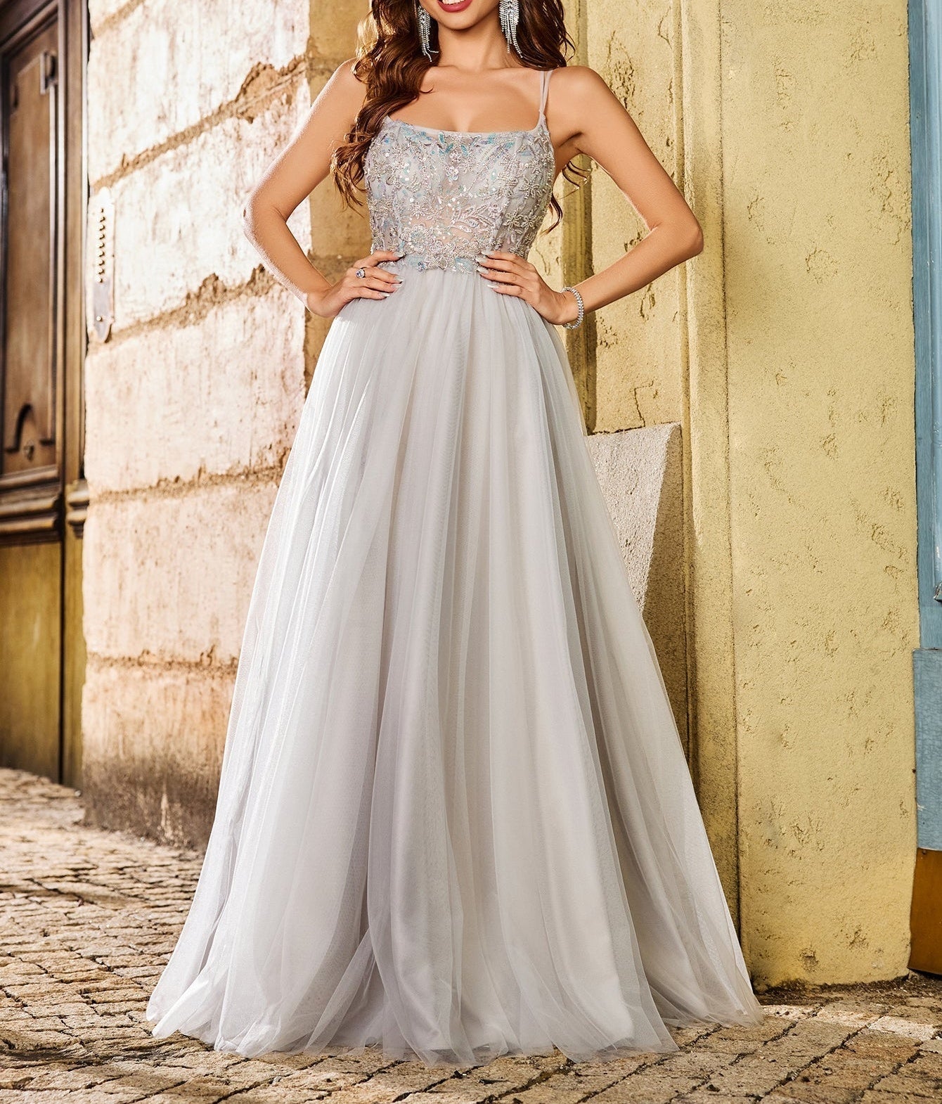 Hand Beading Square Ball Gown Prom Dress - Light Grey