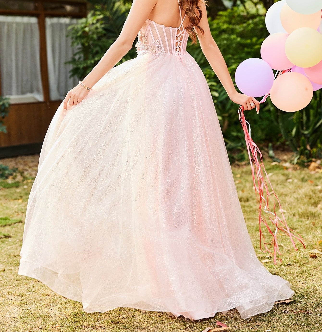 3D Rose Illusion Bodice Sparkly Long Prom Dress - Blush Pink
