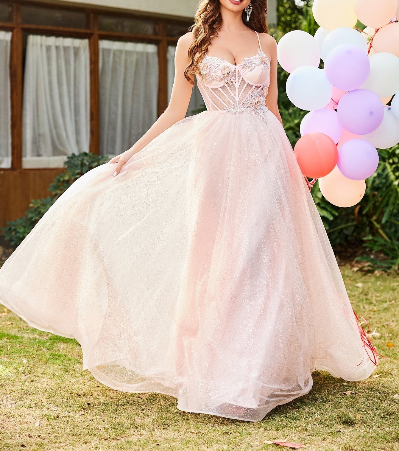 3D Rose Illusion Bodice Sparkly Long Prom Dress - Blush Pink
