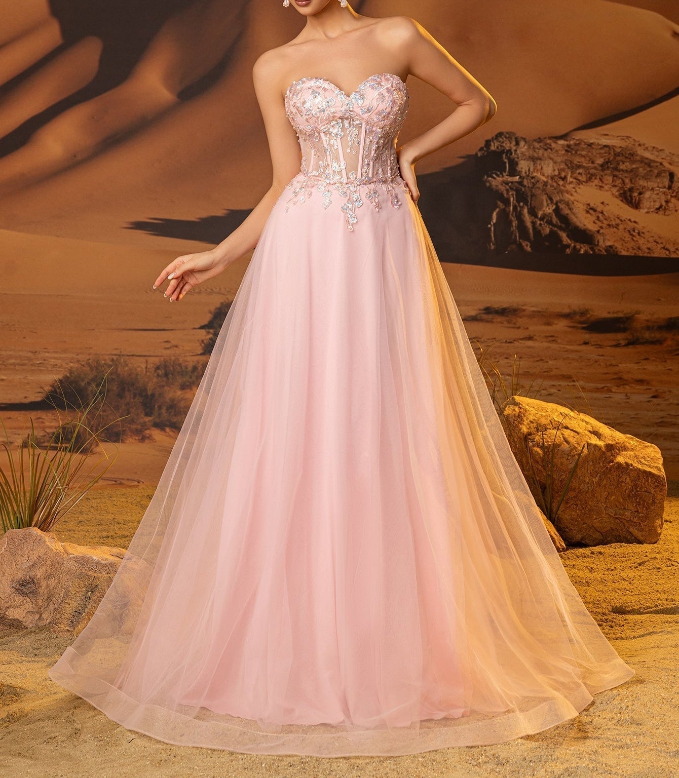 Sheer Bodice Lace Embroidery Long Prom Dress - Pink