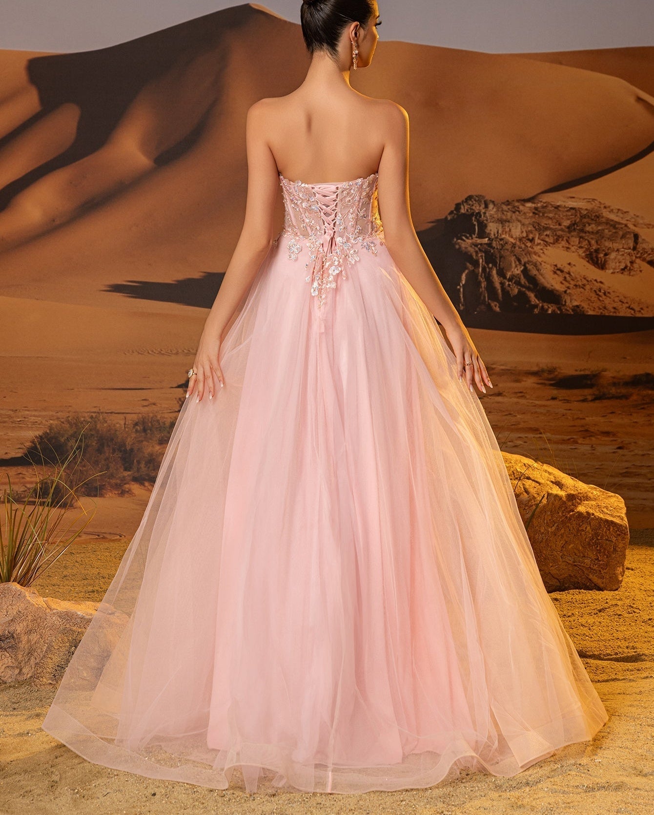 Sheer Bodice Lace Embroidery Long Prom Dress - Pink