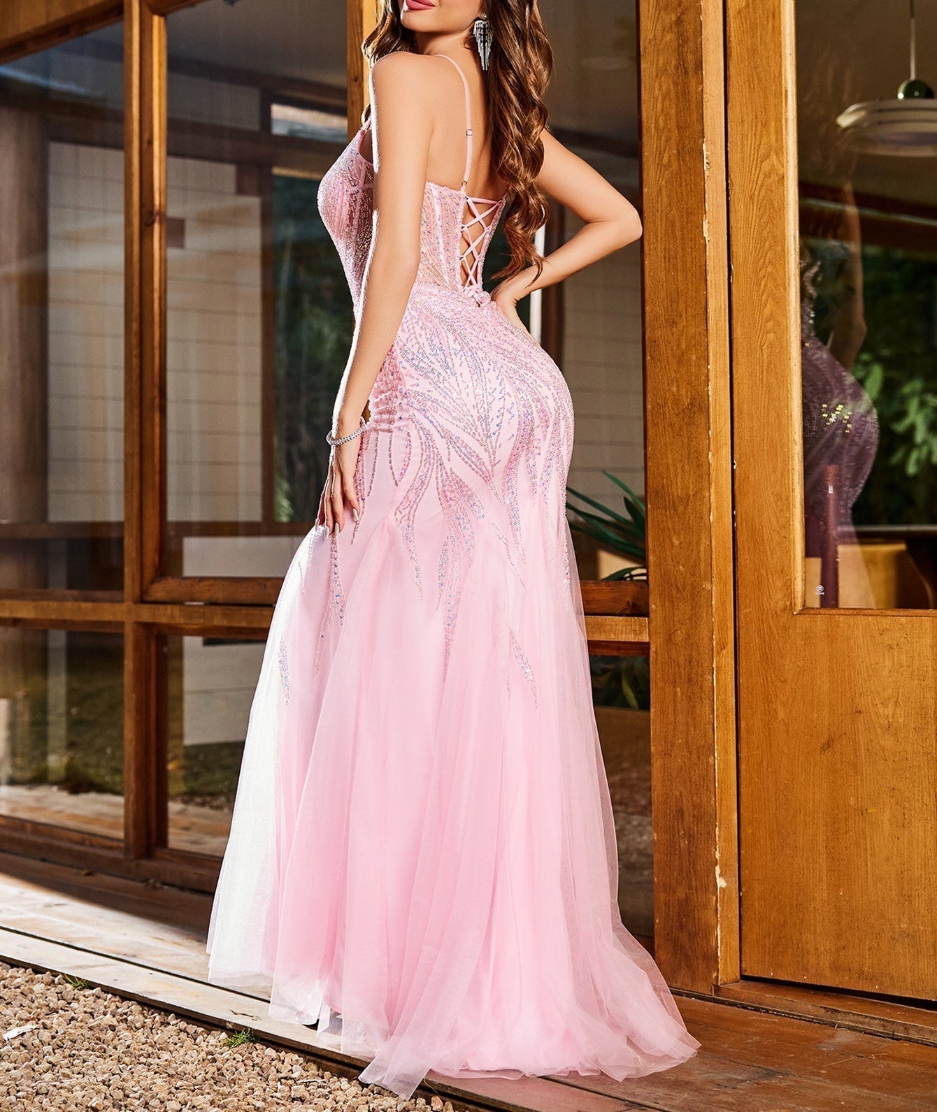 Luxury Hand Beading Boned Dubai Mermaid Long Evening Dress - Pink
