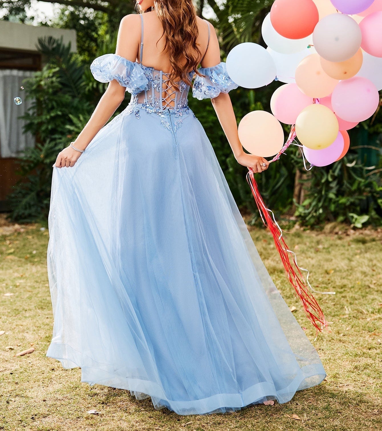 Sparkly Lace Removable Sleeves Ball Gown Prom Dress - Dusty Blue